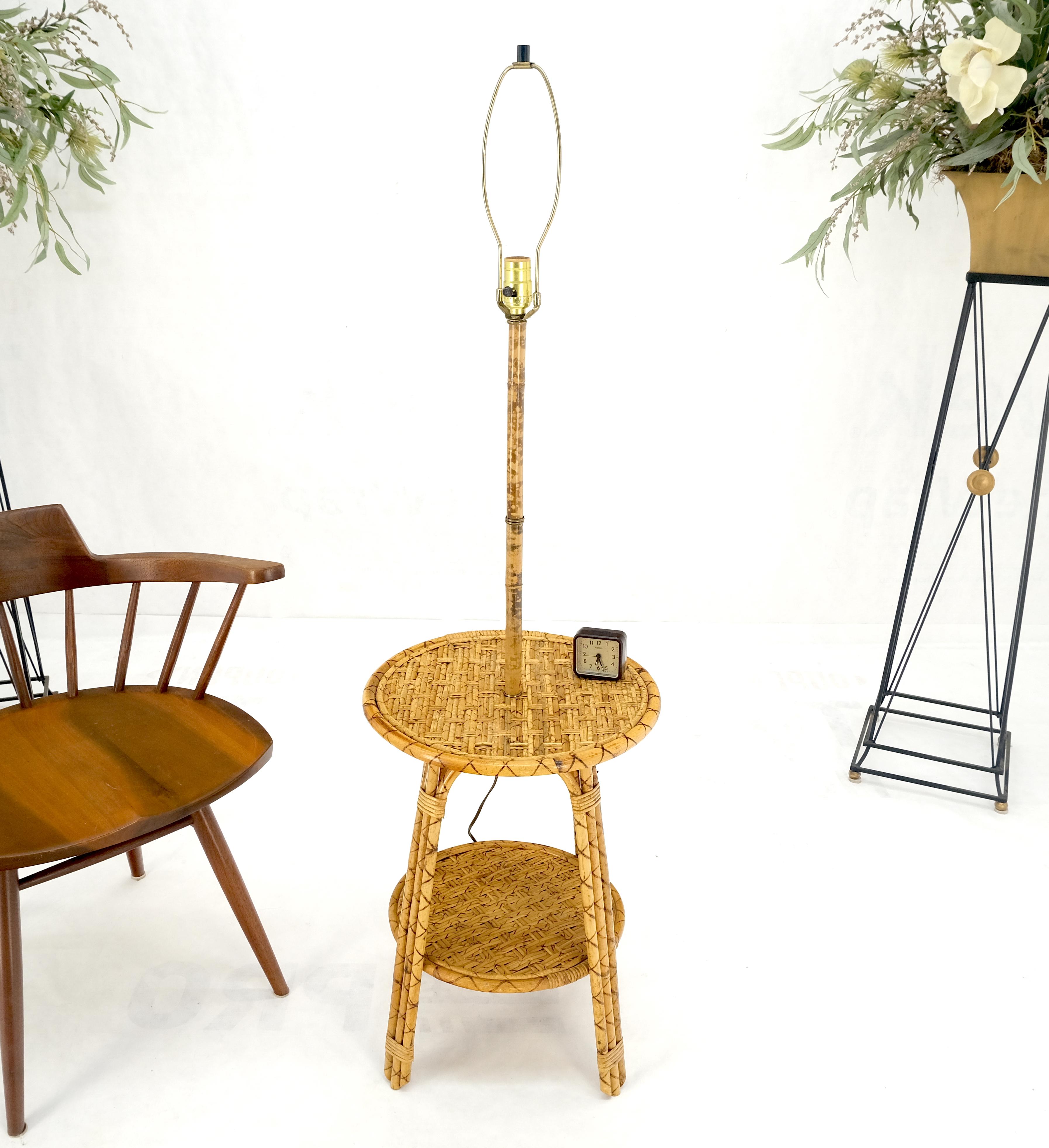Bamboo Rattan c1970s 4 Legged Two Tier Round Side Table Floor Lamp MINT! For Sale 4