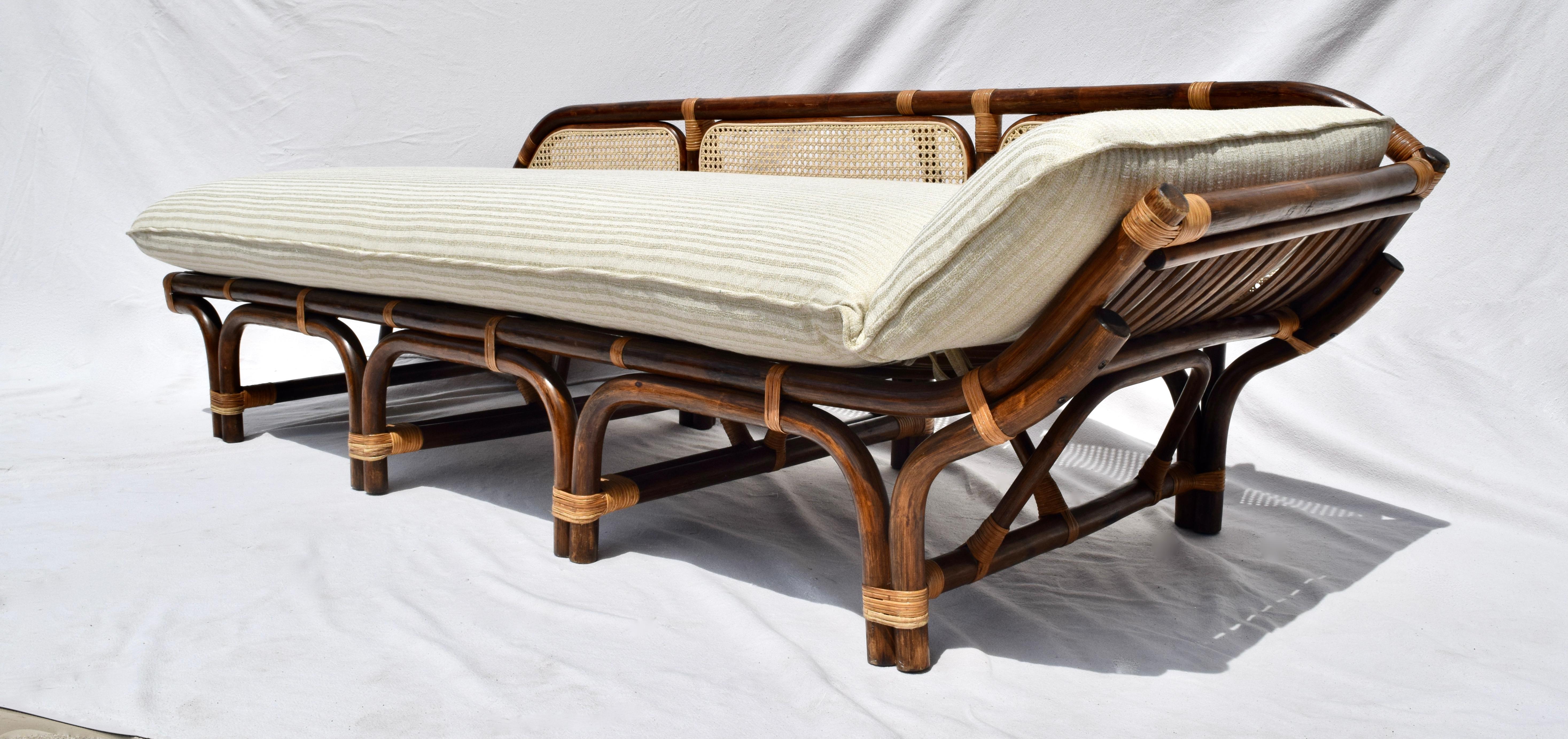 North American 1980's, Bamboo Rattan Caned Daybed Chaise Lounge