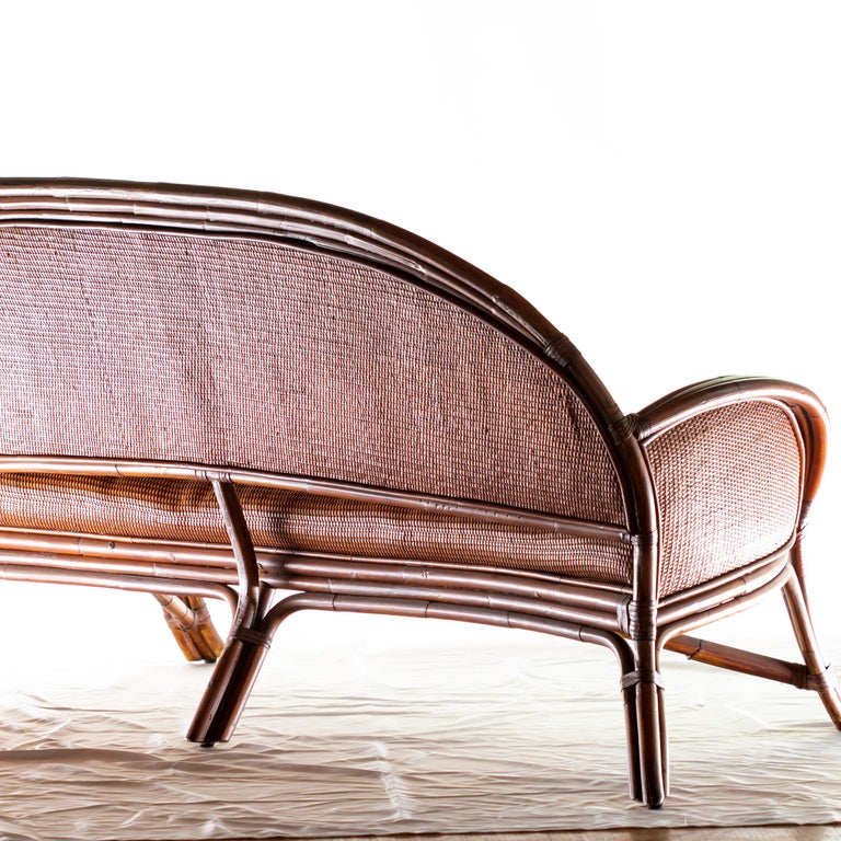 Chinese Bamboo Rattan Carved Color Leather Curve Sofa Ramon Castellano Kalma Furniture For Sale
