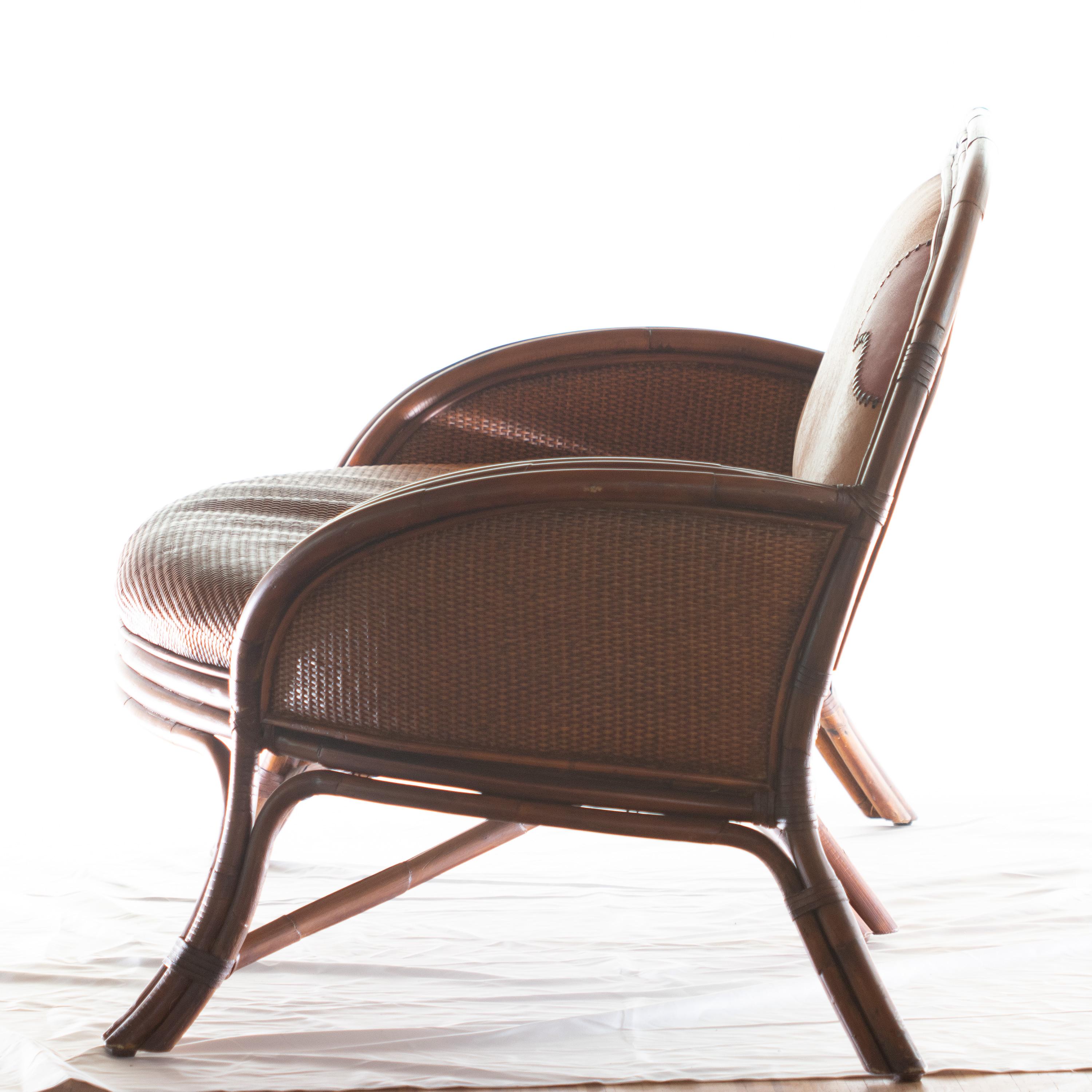 Chinese Bamboo Rattan Carved Color Leather Curve Sofa Ramon Castellano Kalma Furniture For Sale
