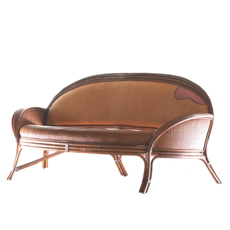 Late 20th Century Bamboo Rattan Carved Color Leather Curve Sofa Ramon Castellano Kalma Furniture For Sale