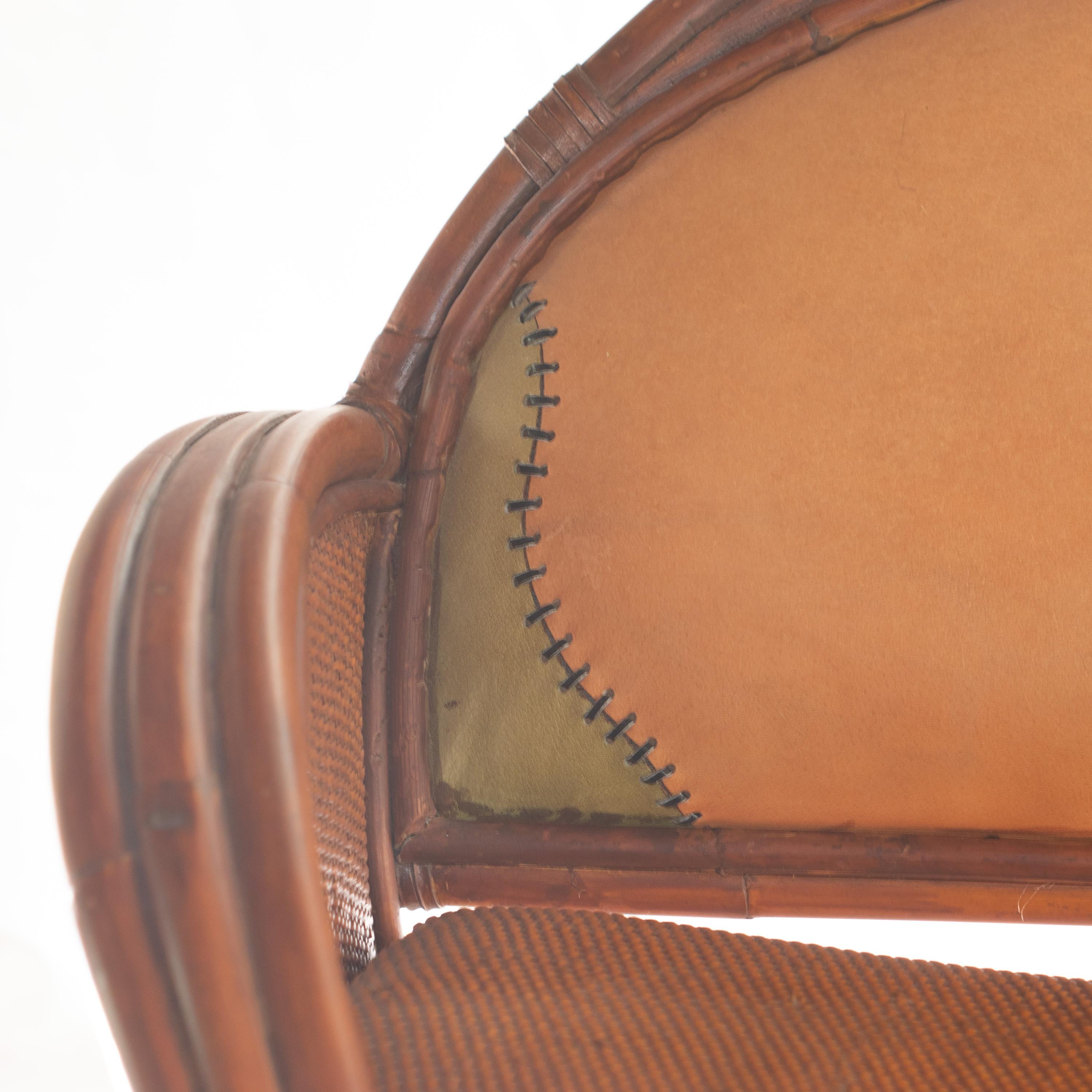 Late 20th Century Bamboo Rattan Carved Color Leather Curve Sofa Ramon Castellano Kalma Furniture For Sale