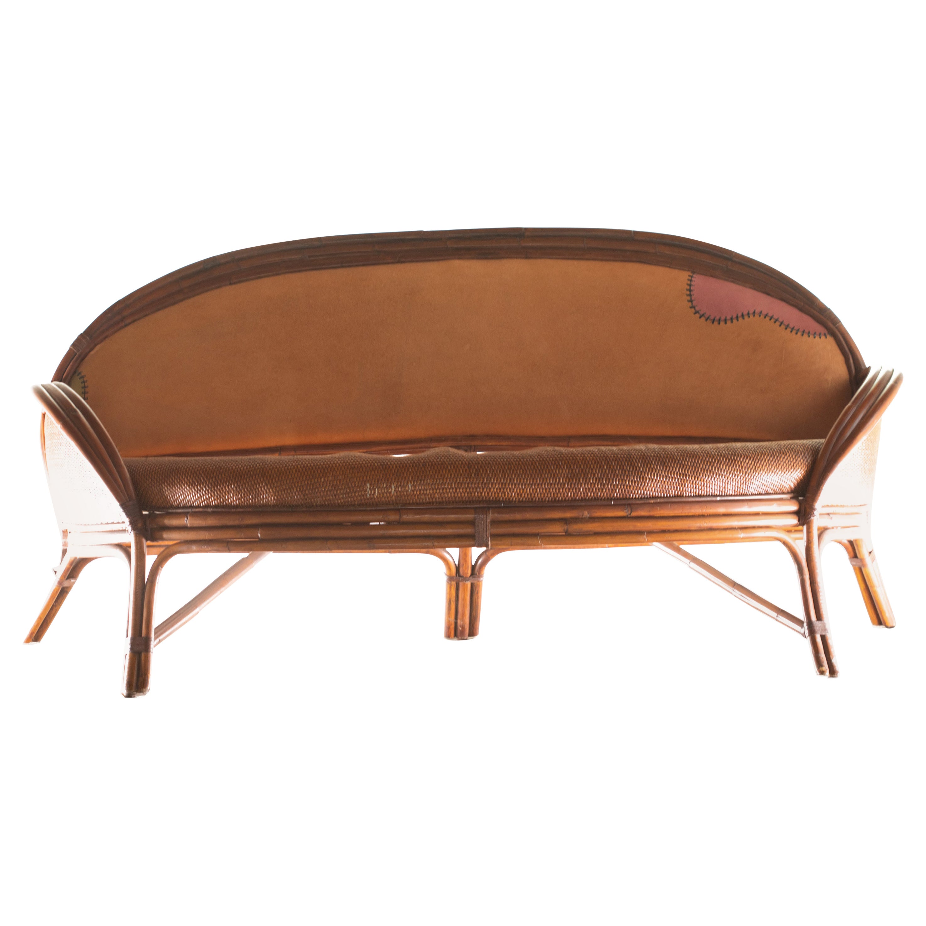Bamboo Rattan Carved Color Leather Curve Sofa Ramon Castellano Kalma Furniture For Sale