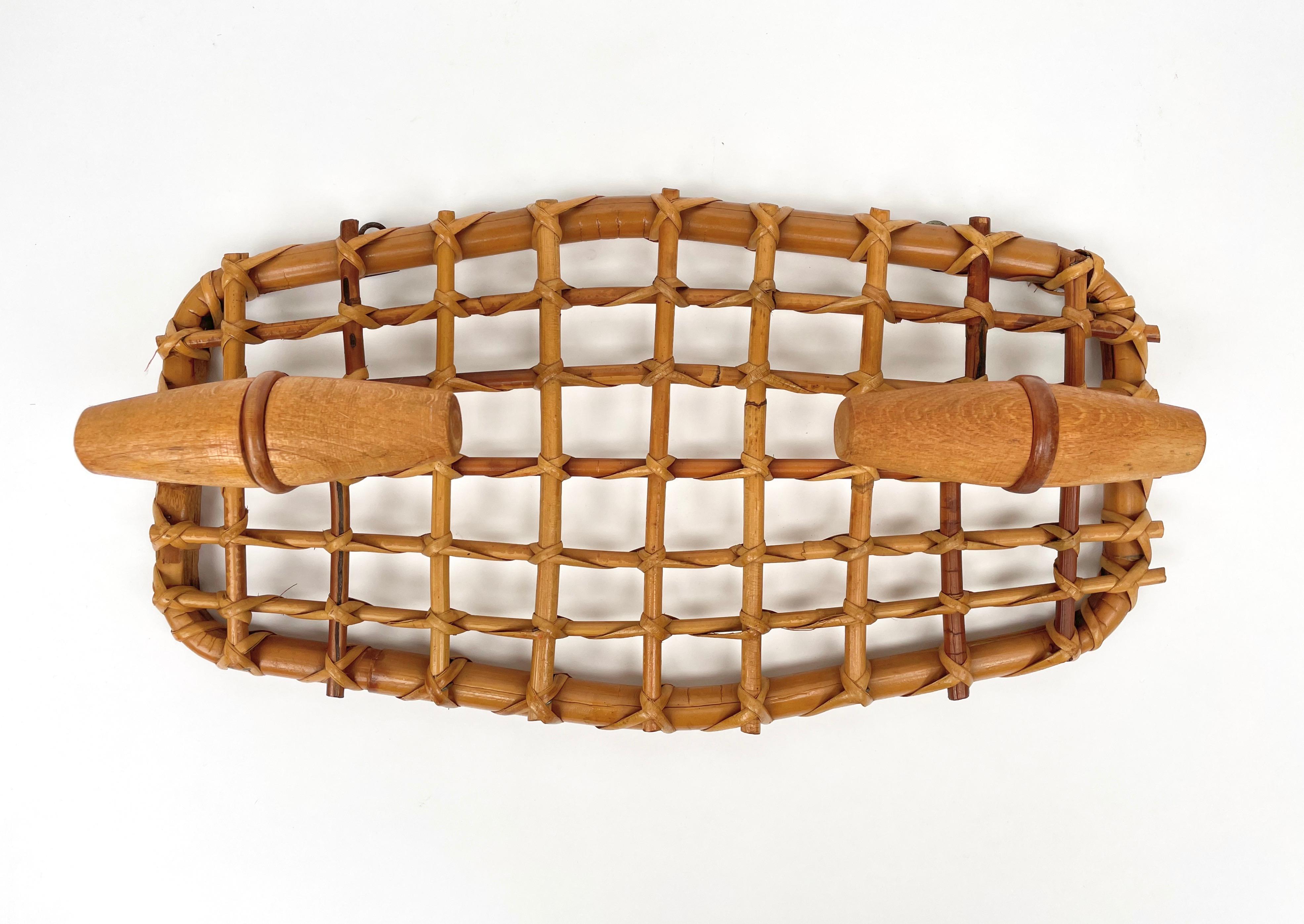 Mid-Century Modern Bamboo & Rattan Coat Rack Hanger Attributed to Olaf von Bohr, Italy, 1950s For Sale