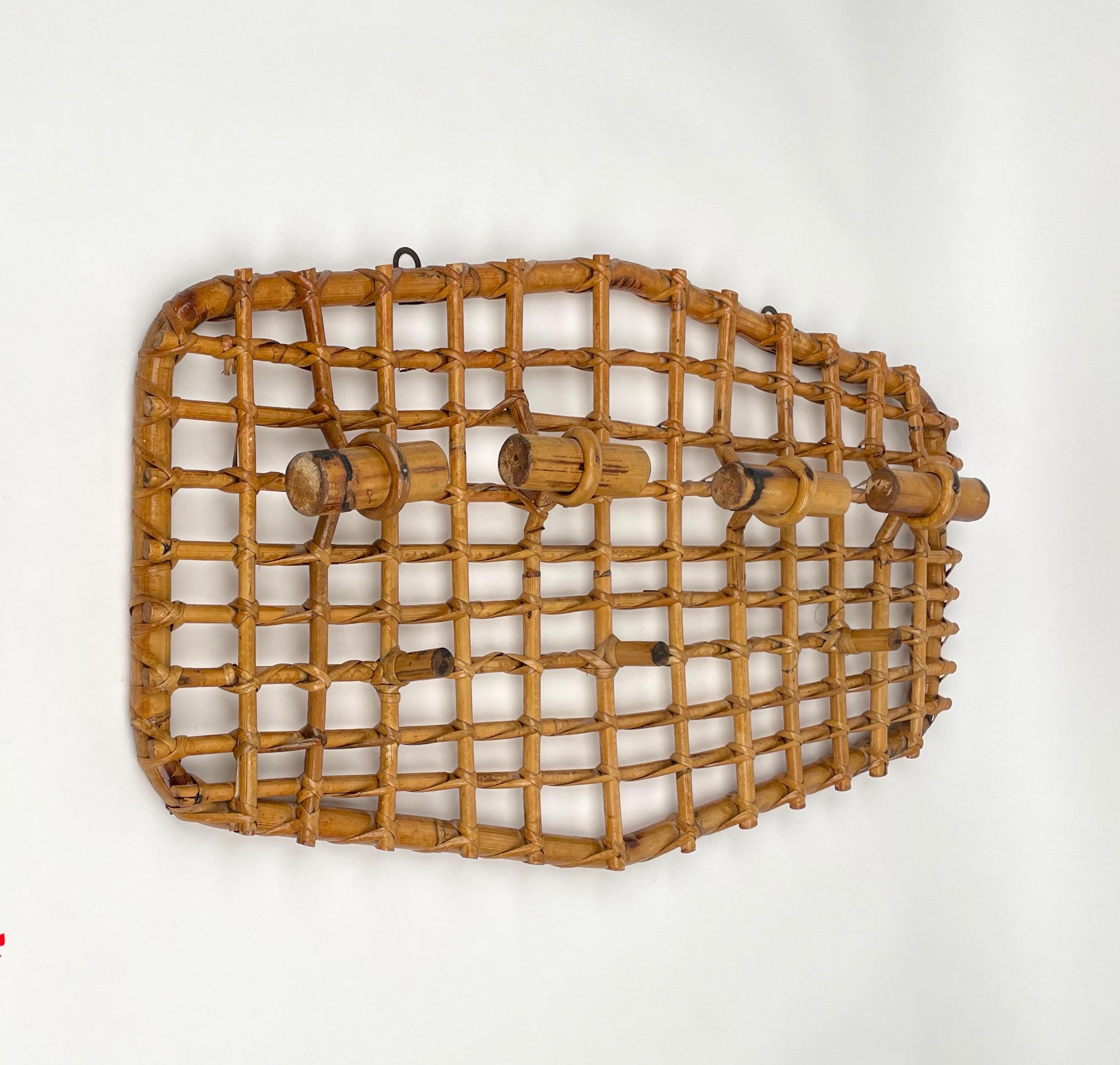 Italian Bamboo & Rattan Coat Rack Hanger Attributed to Olaf von Bohr, Italy, 1950s For Sale