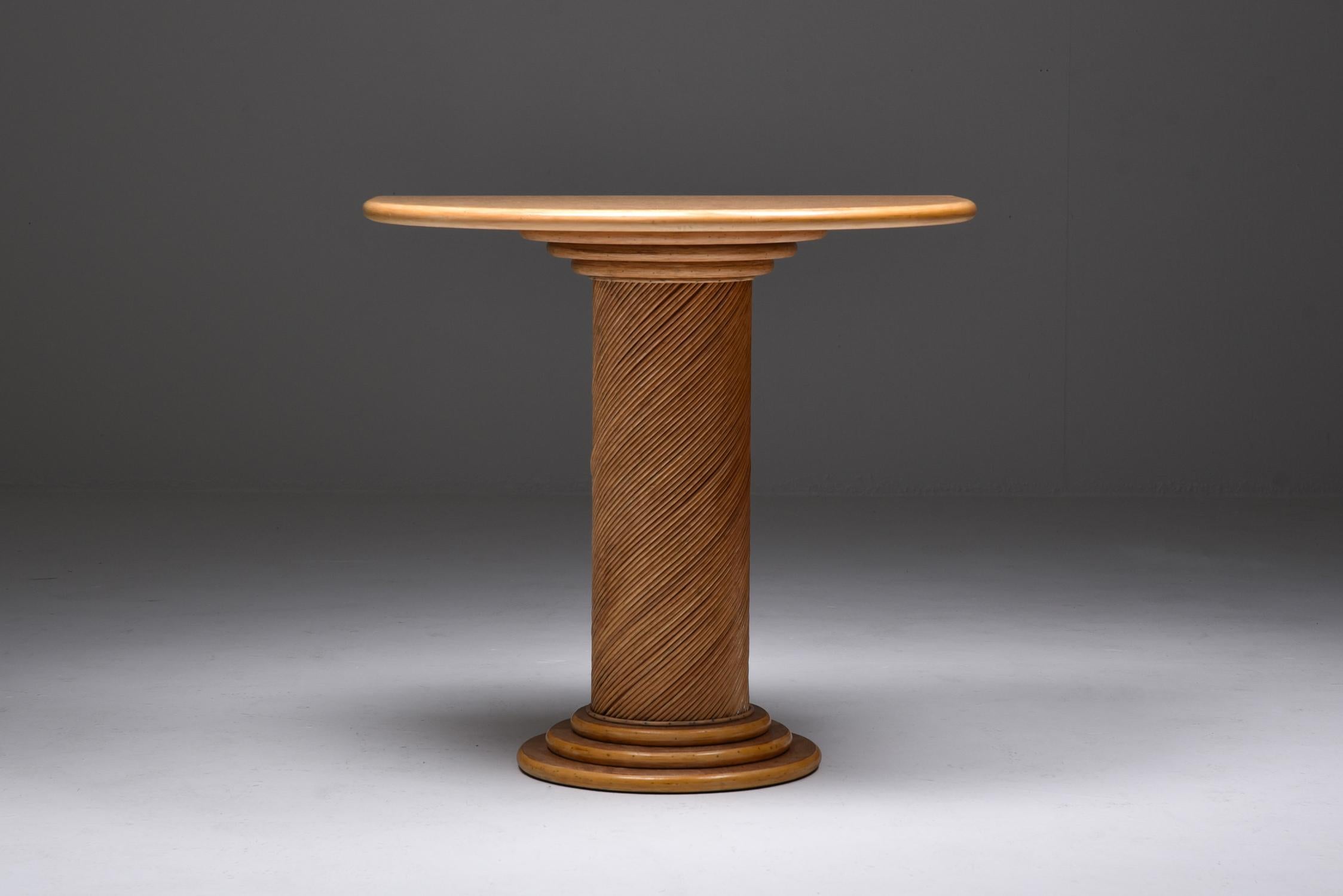 Vivai del Sud console table, a fusion of rattan and Italian walnut burl, crafted in the vibrant design hub of Rome during the 1970s. This tropical high-end piece has a unique blend of materials and intricate detailing, effortlessly elevating any