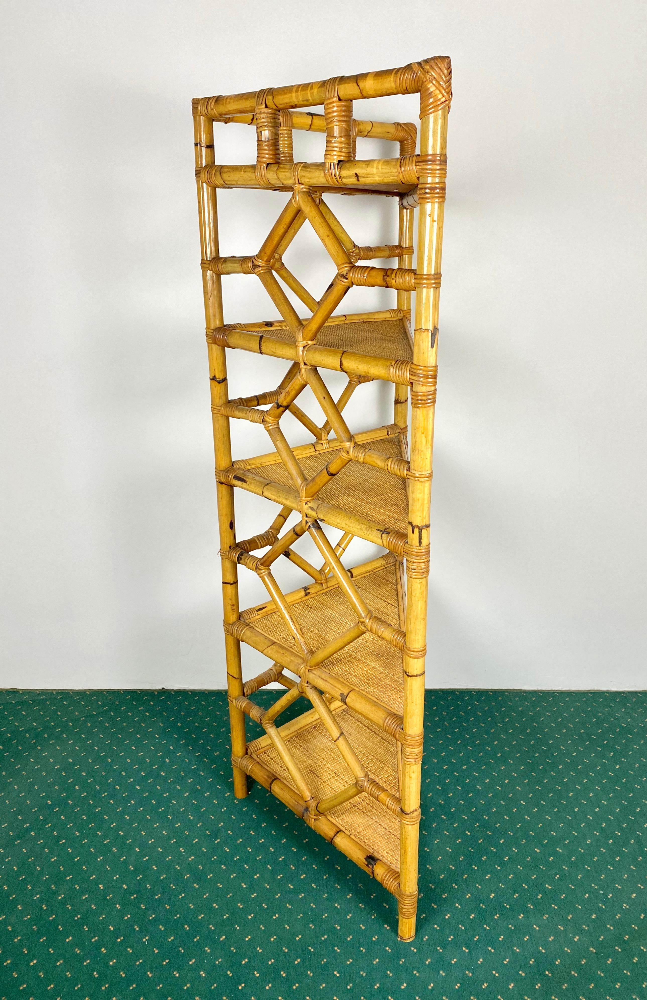 Mid-Century Modern Bamboo Rattan Corner Cupboard Bookcase Attributed to Vivai Del Sud Italy, 1970s  For Sale