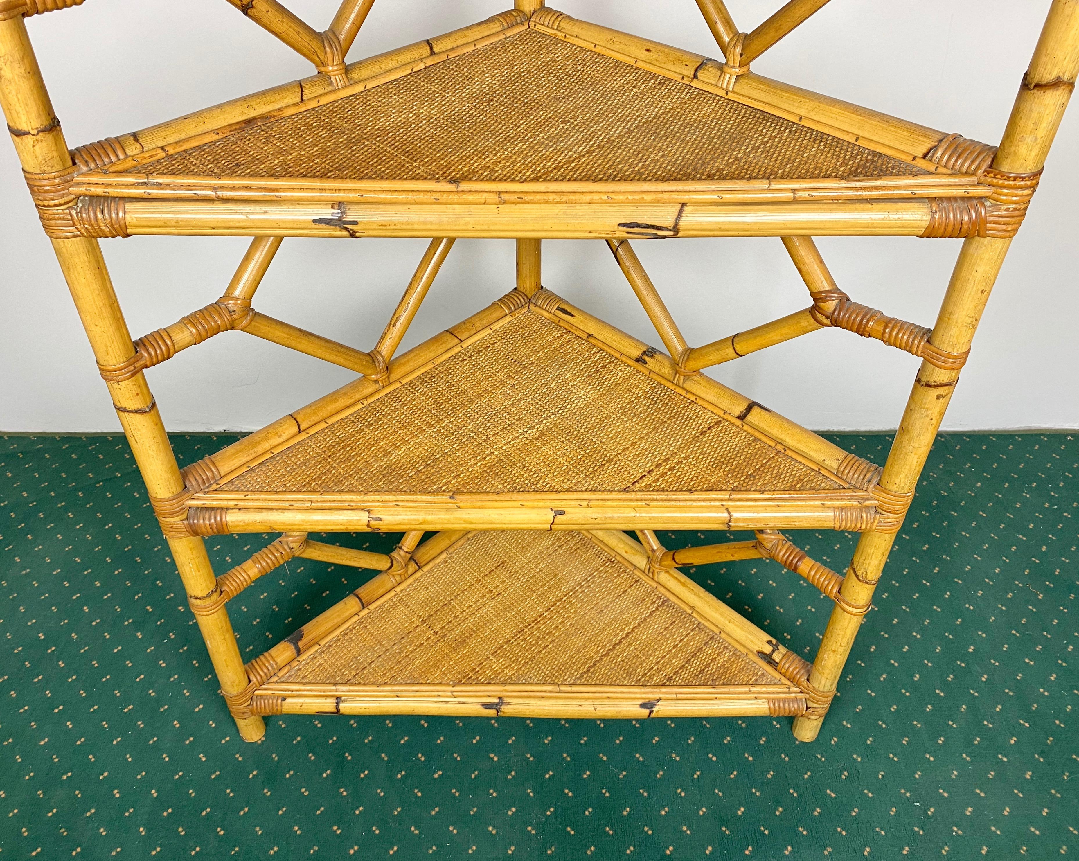 Bamboo Rattan Corner Cupboard Bookcase Attributed to Vivai Del Sud Italy, 1970s  In Good Condition For Sale In Rome, IT