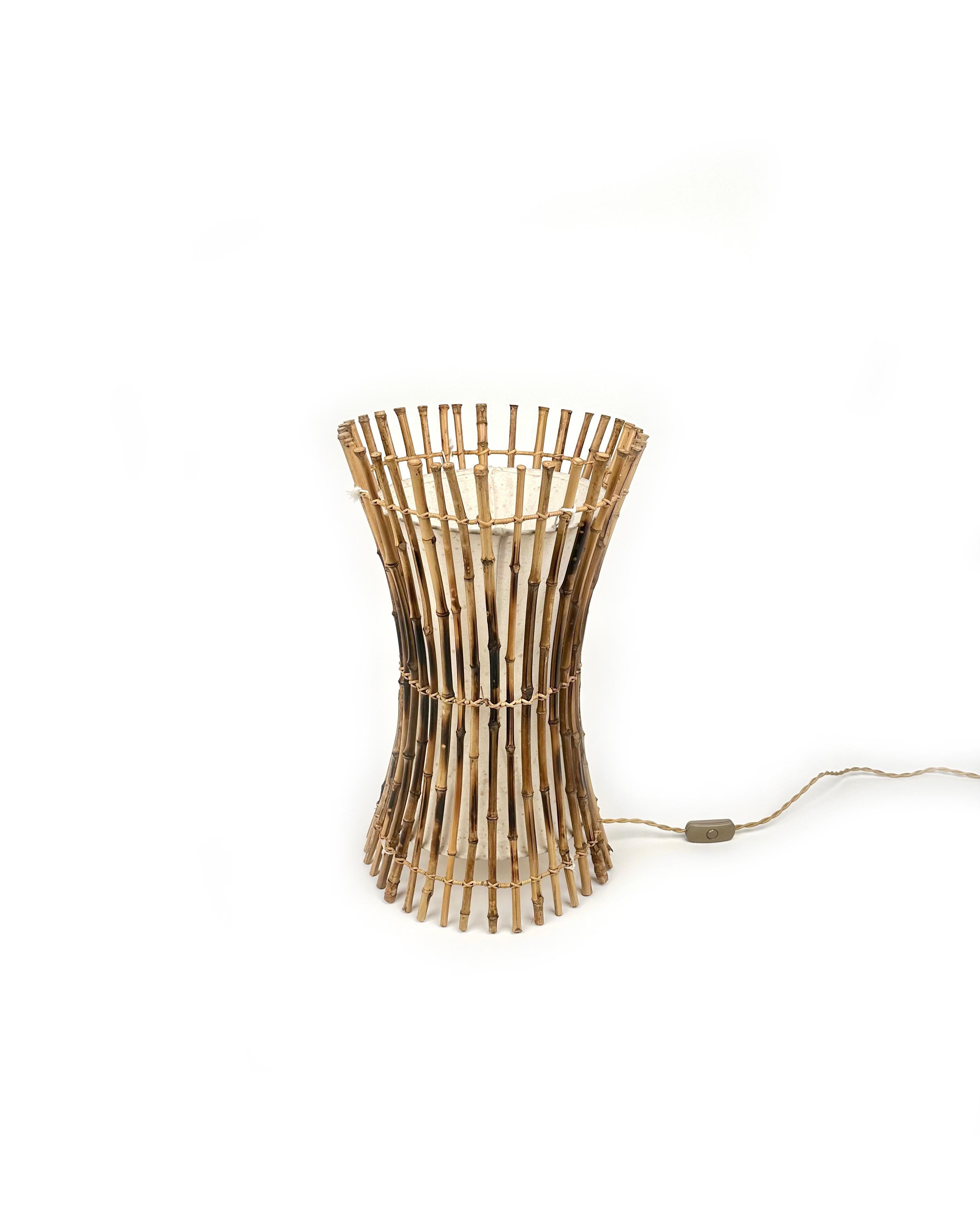 Italian Bamboo, Rattan & Cotton Table or Floor Lamp Franco Albini Style, Italy, 1960s For Sale