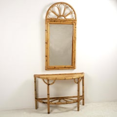 Bamboo Rattan Demi-Lune Console Table and Large Mirror Italy 1970s
