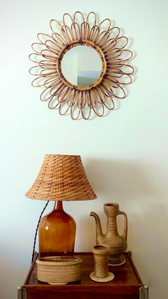 Bamboo Rattan Double Layered Flower Mirror with Pyrography Accents, Spain, 1960s