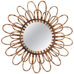 Bamboo Rattan Double Layered Flower Mirror with Pyrography Accents, Spain, 1960s
