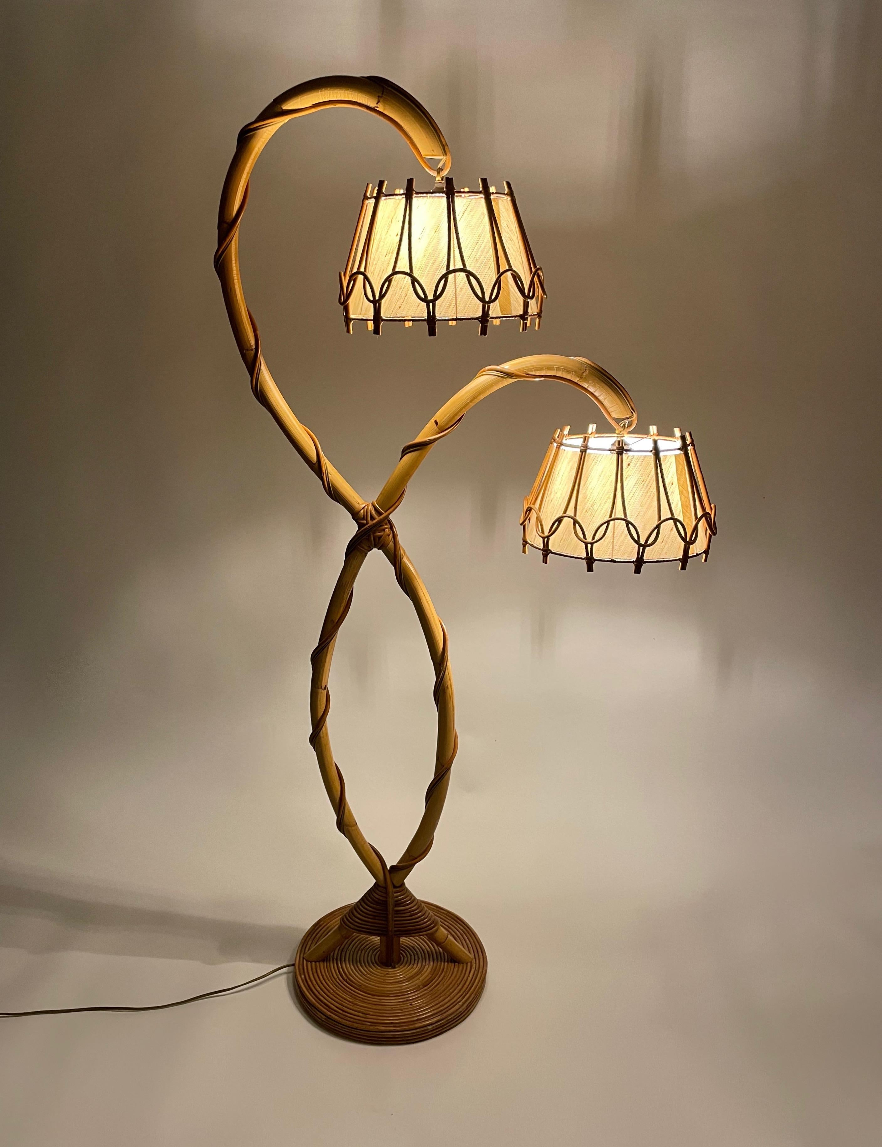 Bamboo & Rattan Floor Lamp Louis Sognot Style, France, 1960s 5