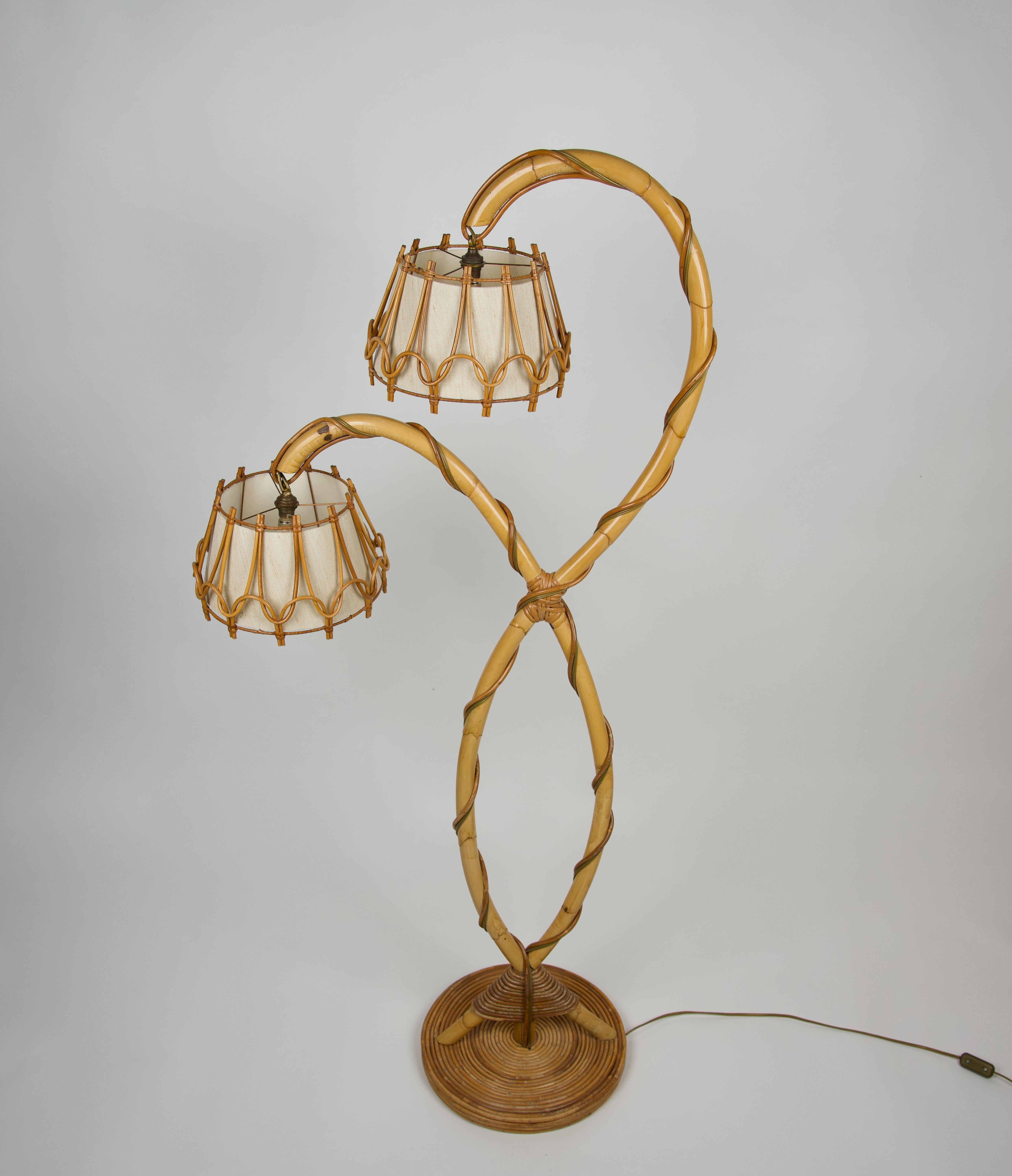 Mid-Century Modern Bamboo & Rattan Floor Lamp Louis Sognot Style, France, 1960s