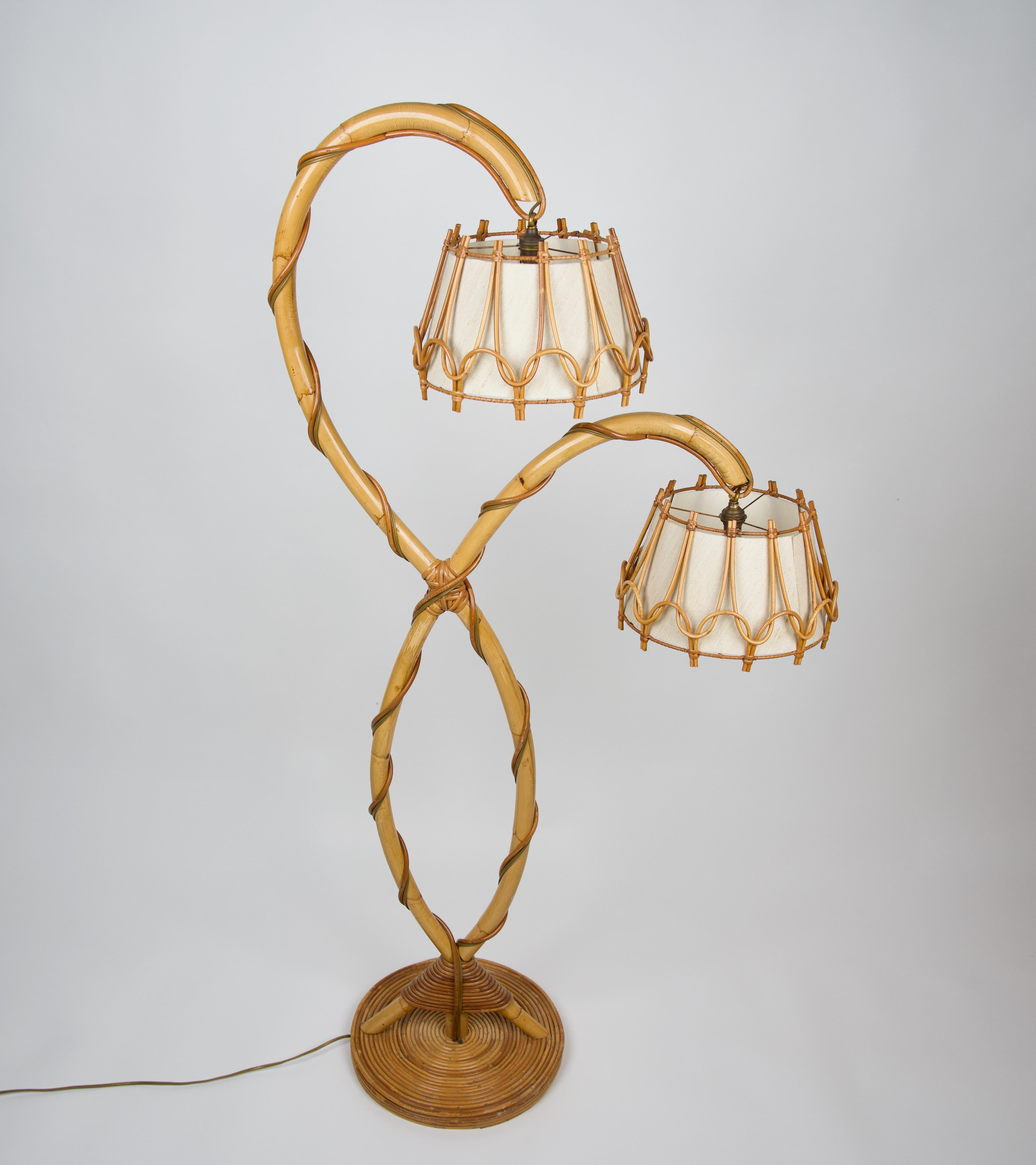 French Bamboo & Rattan Floor Lamp Louis Sognot Style, France, 1960s
