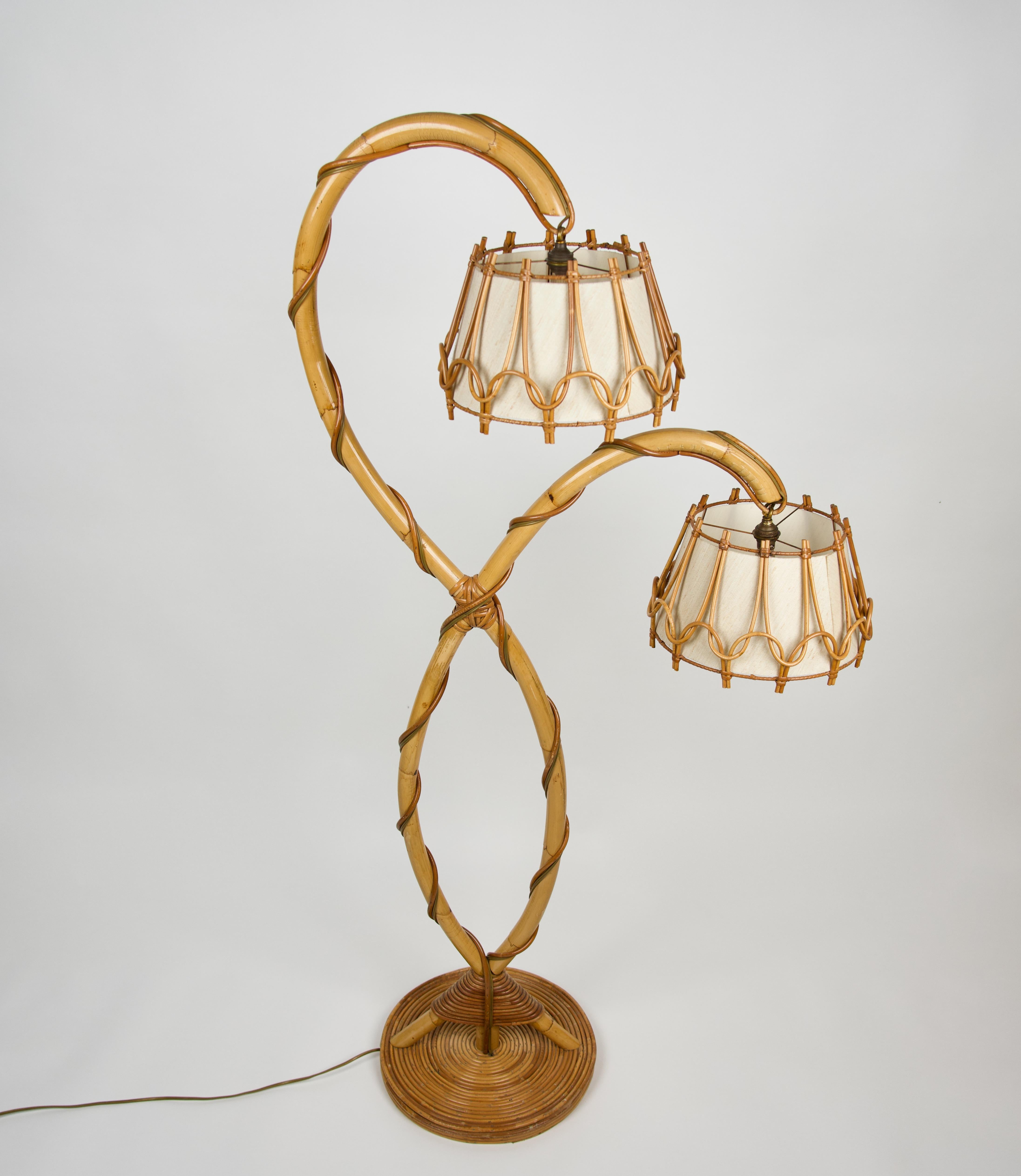 Bamboo & Rattan Floor Lamp Louis Sognot Style, France, 1960s In Good Condition In Rome, IT