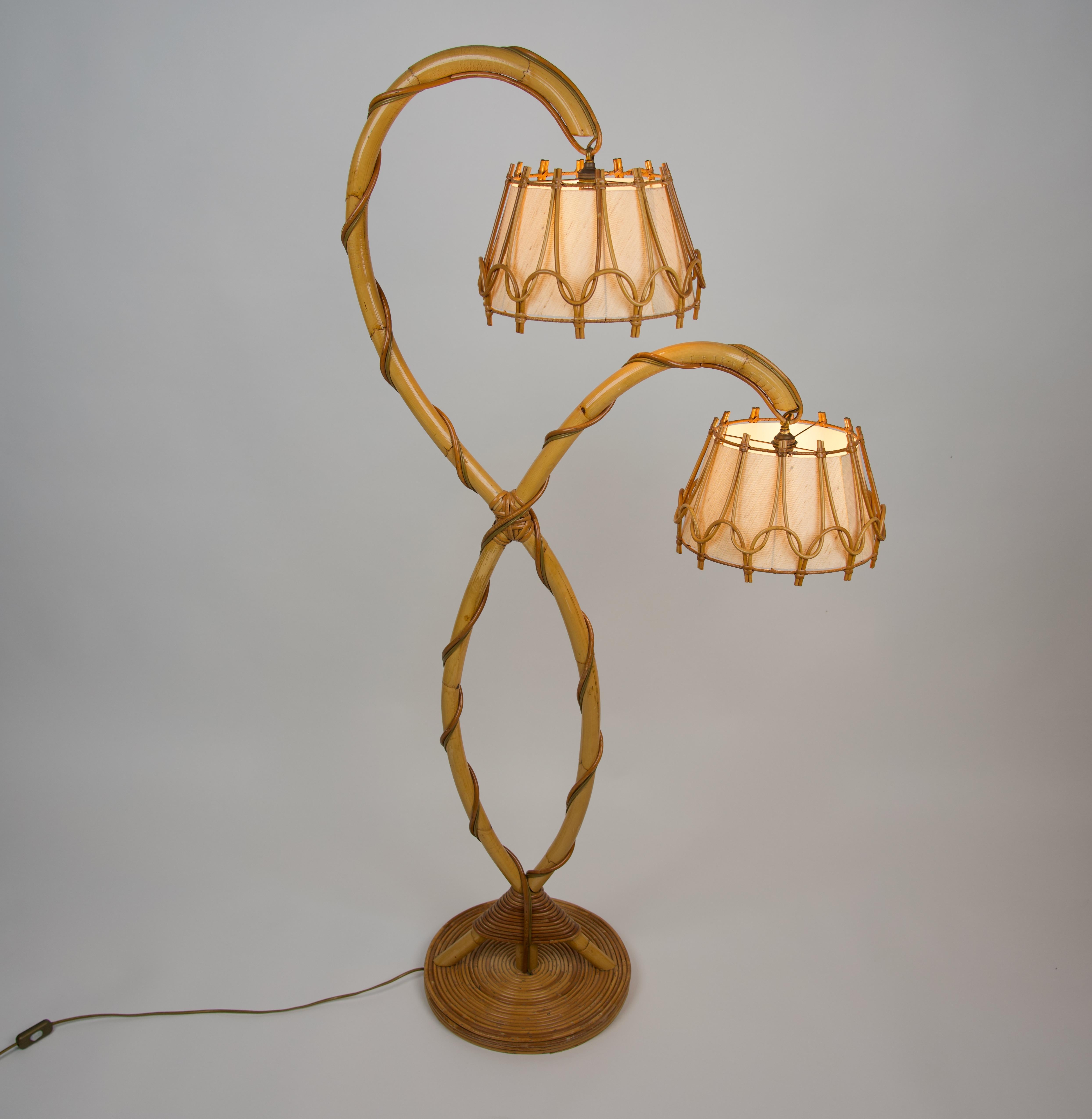 Mid-20th Century Bamboo & Rattan Floor Lamp Louis Sognot Style, France, 1960s