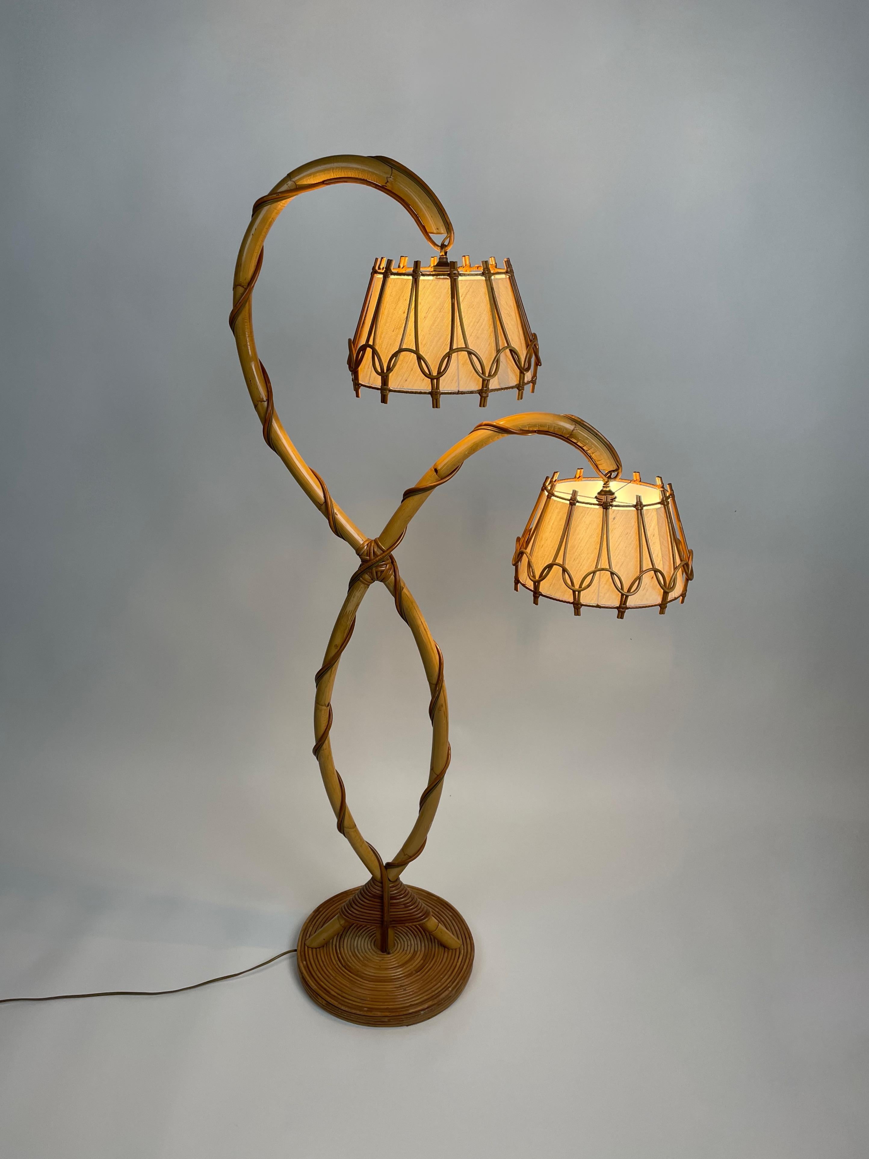 Bamboo & Rattan Floor Lamp Louis Sognot Style, France, 1960s 1