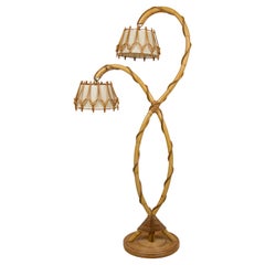 Bamboo & Rattan Floor Lamp Louis Sognot Style, France, 1960s