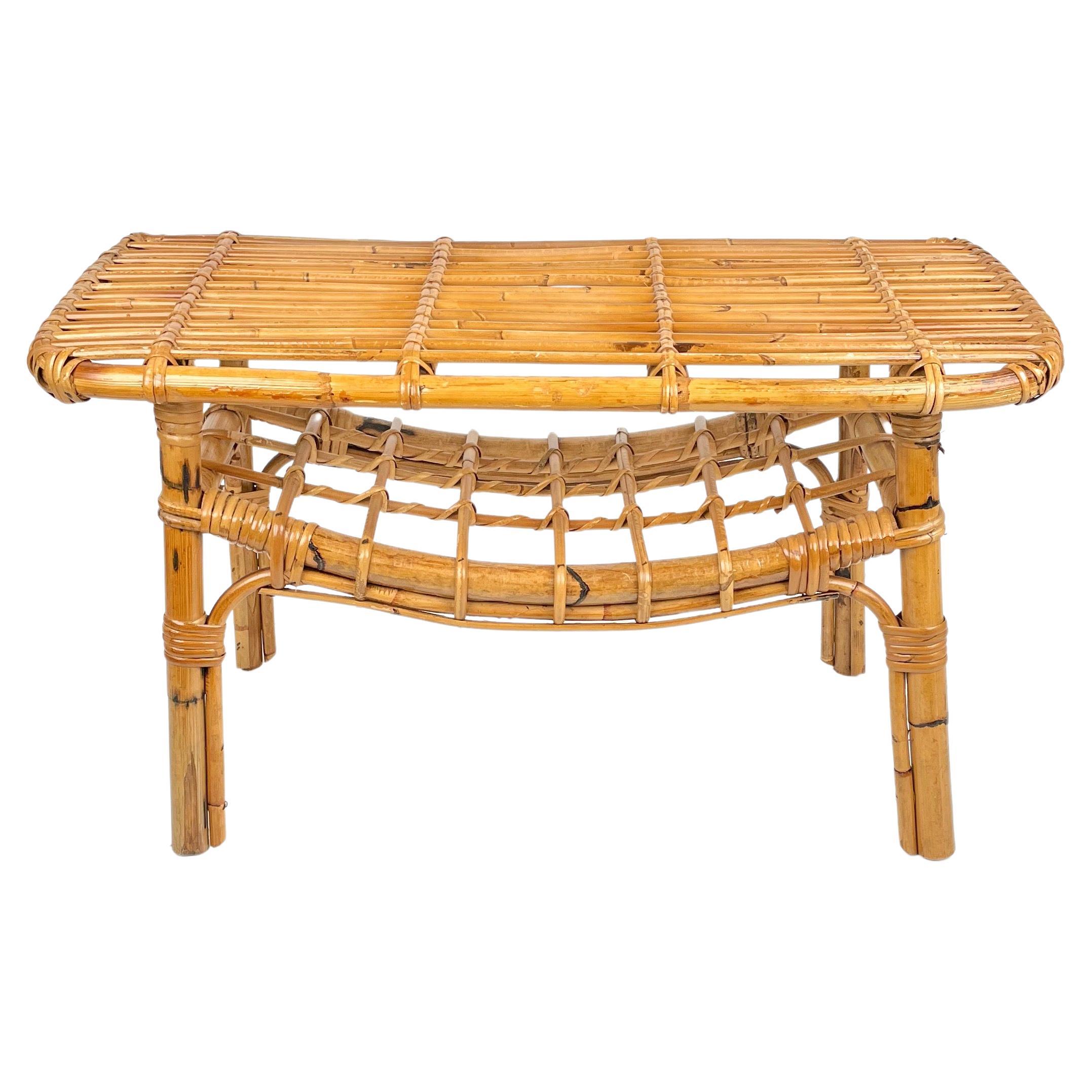 Mid-Century Modern coffee table or stool with magazine rack, perfect in any entry hallway as well as next to a sofa or in any bathroom. Beauty of the woven materials is timeless and classic, making bamboo and rattan furniture incredibly versatile.