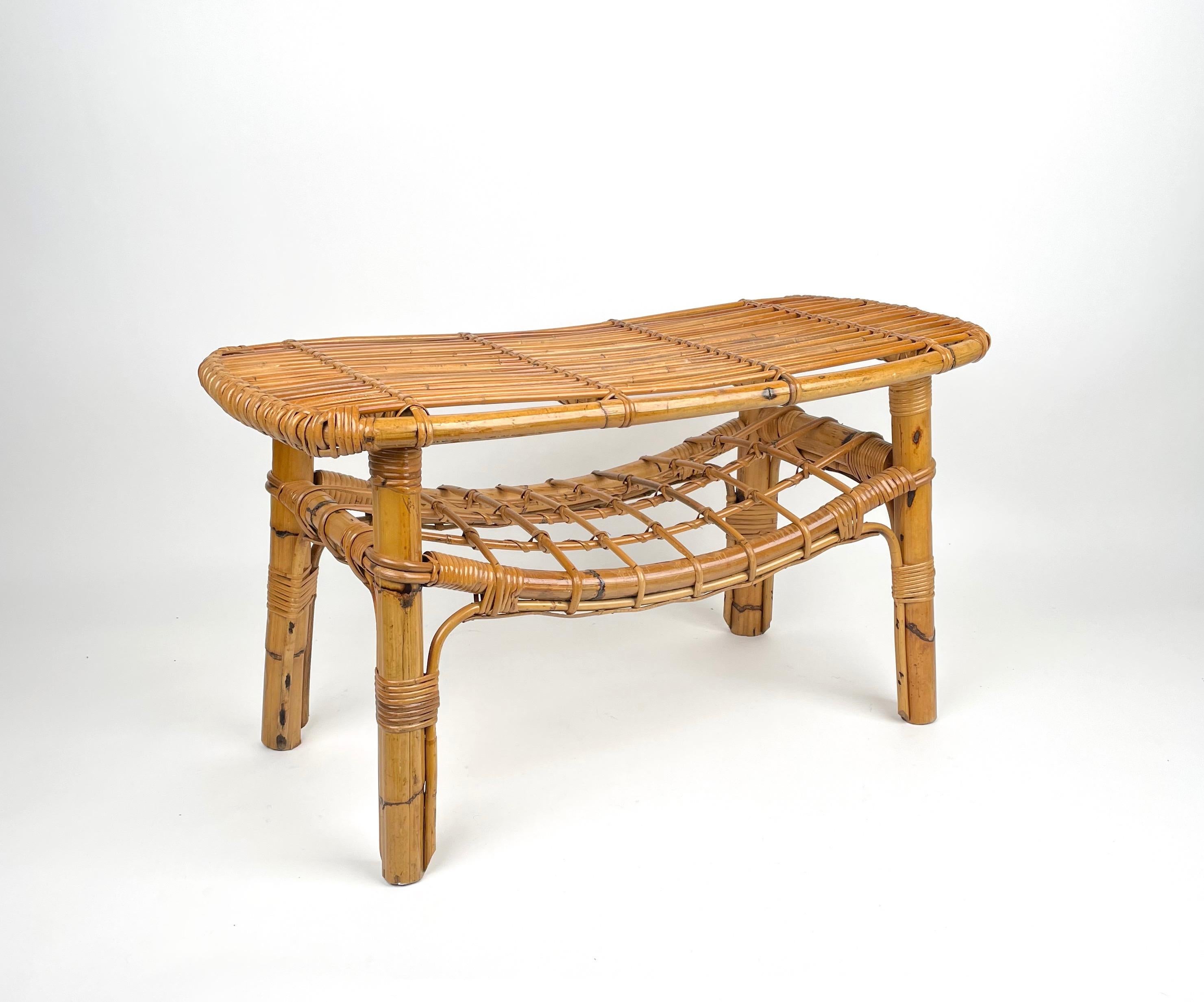 Mid-Century Modern coffee table or stool with magazine rack, perfect in any entry hallway as well as next to a sofa or in any bathroom. Beauty of the woven materials is timeless and classic, making bamboo and rattan furniture incredibly versatile.