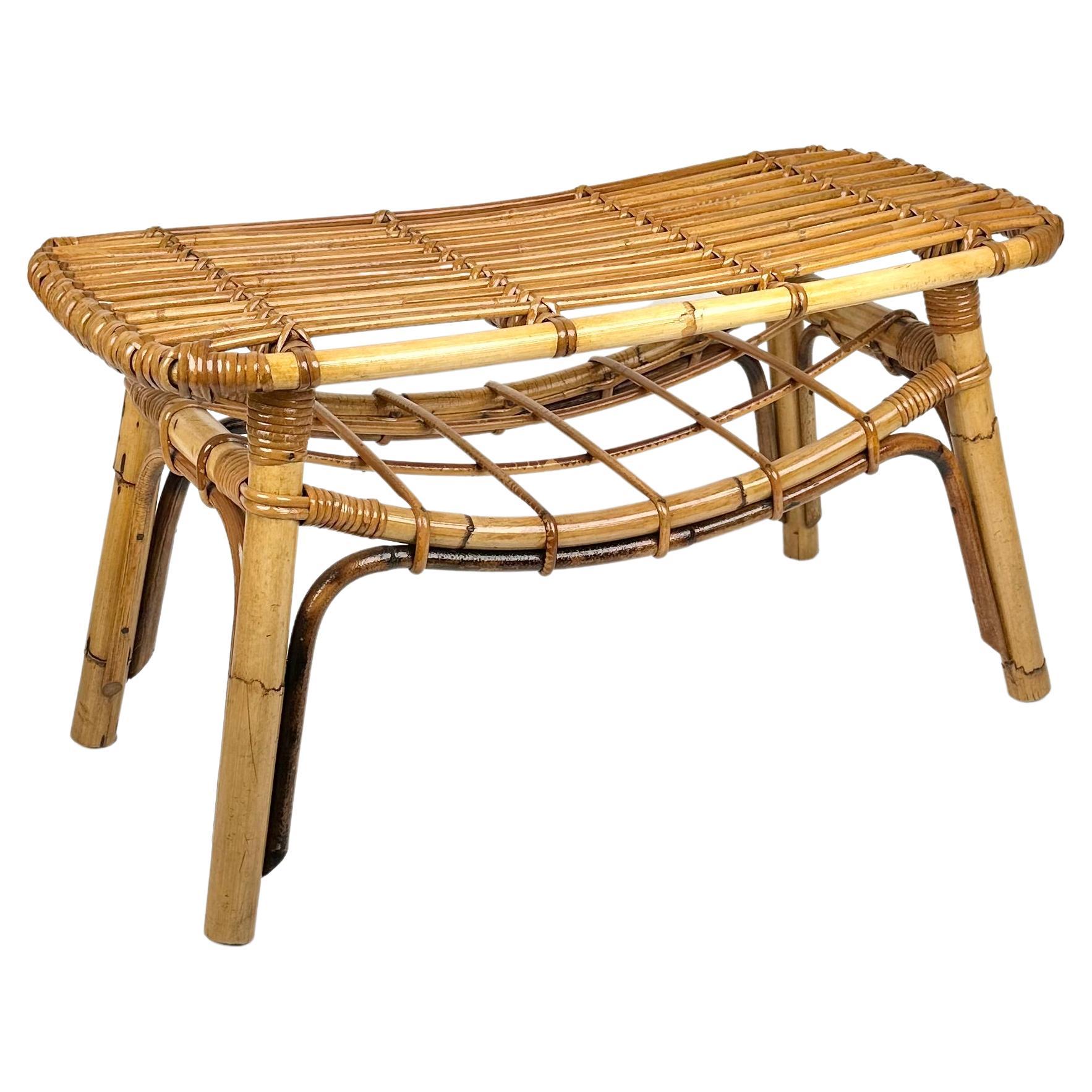 Mid-Century Modern coffee table or stool with magazine rack, perfect in any entry hallway as well as next to a sofa or in any bathroom. Beauty of the woven materials is timeless and classic, making bamboo and rattan furniture incredibly