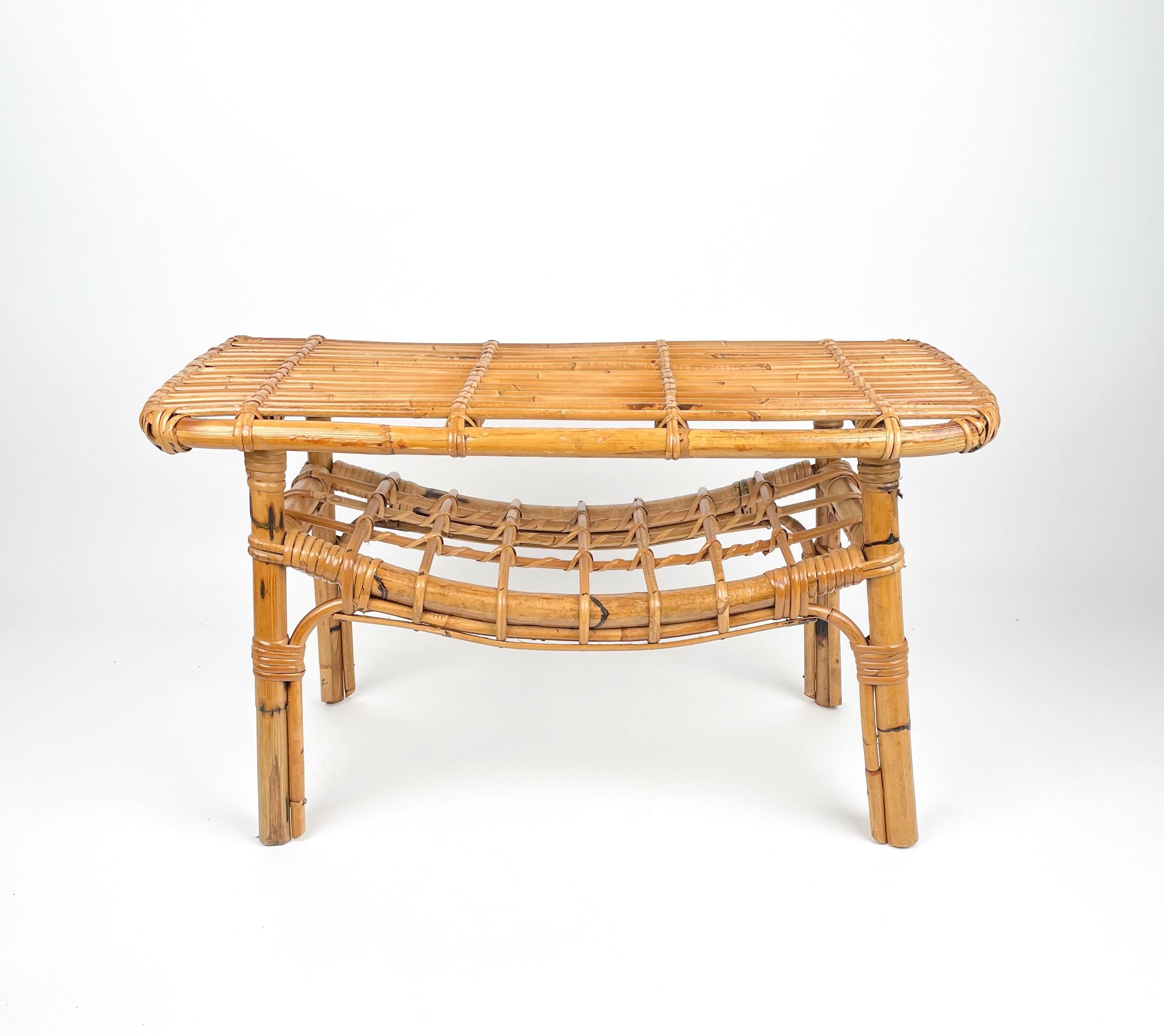 Mid-Century Modern Bamboo & Rattan French Riviera Coffee Table with Magazine Rack, Italy, 1960s For Sale