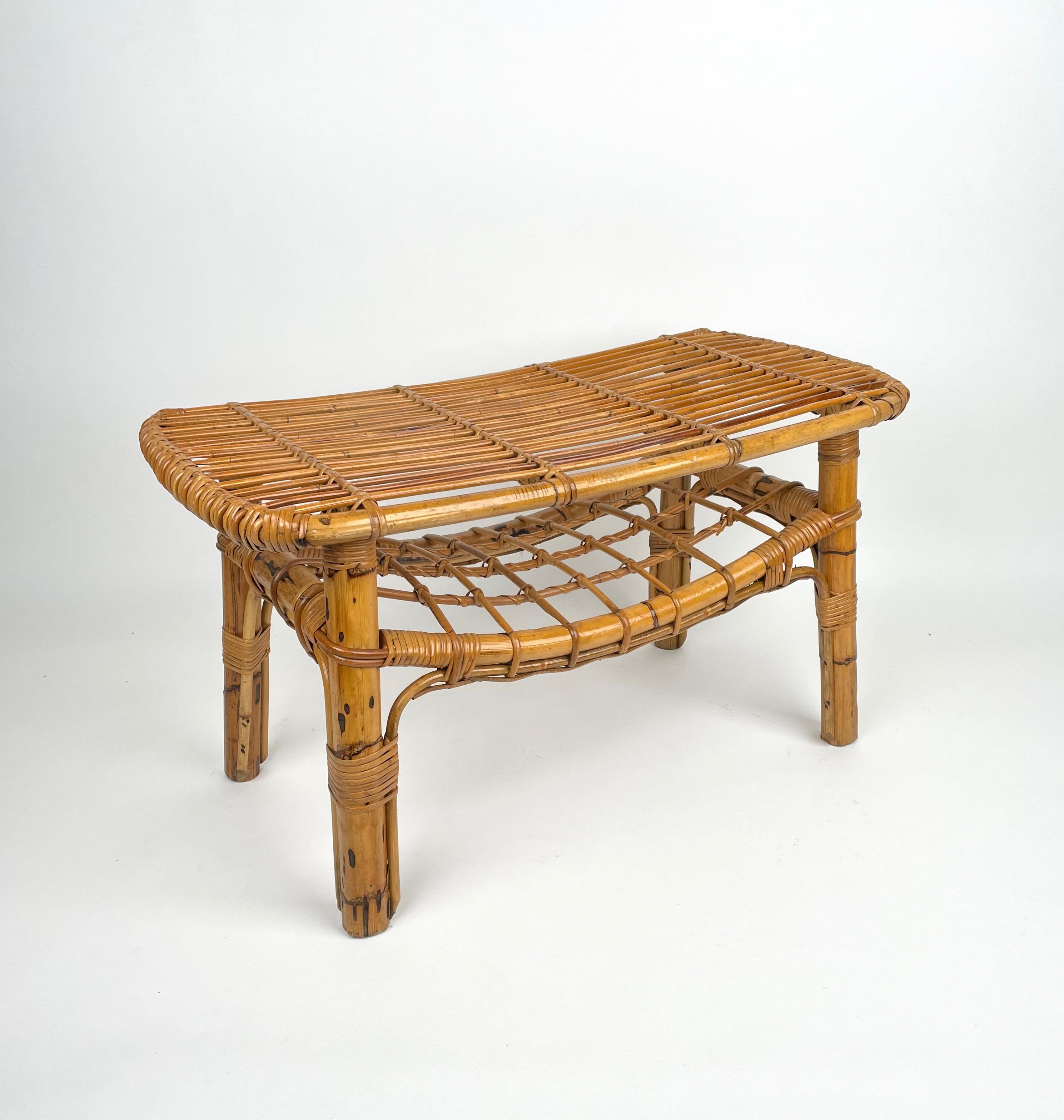 Mid-Century Modern Bamboo &  Rattan French Riviera Coffee Table with Magazine Rack, Italy 1960s