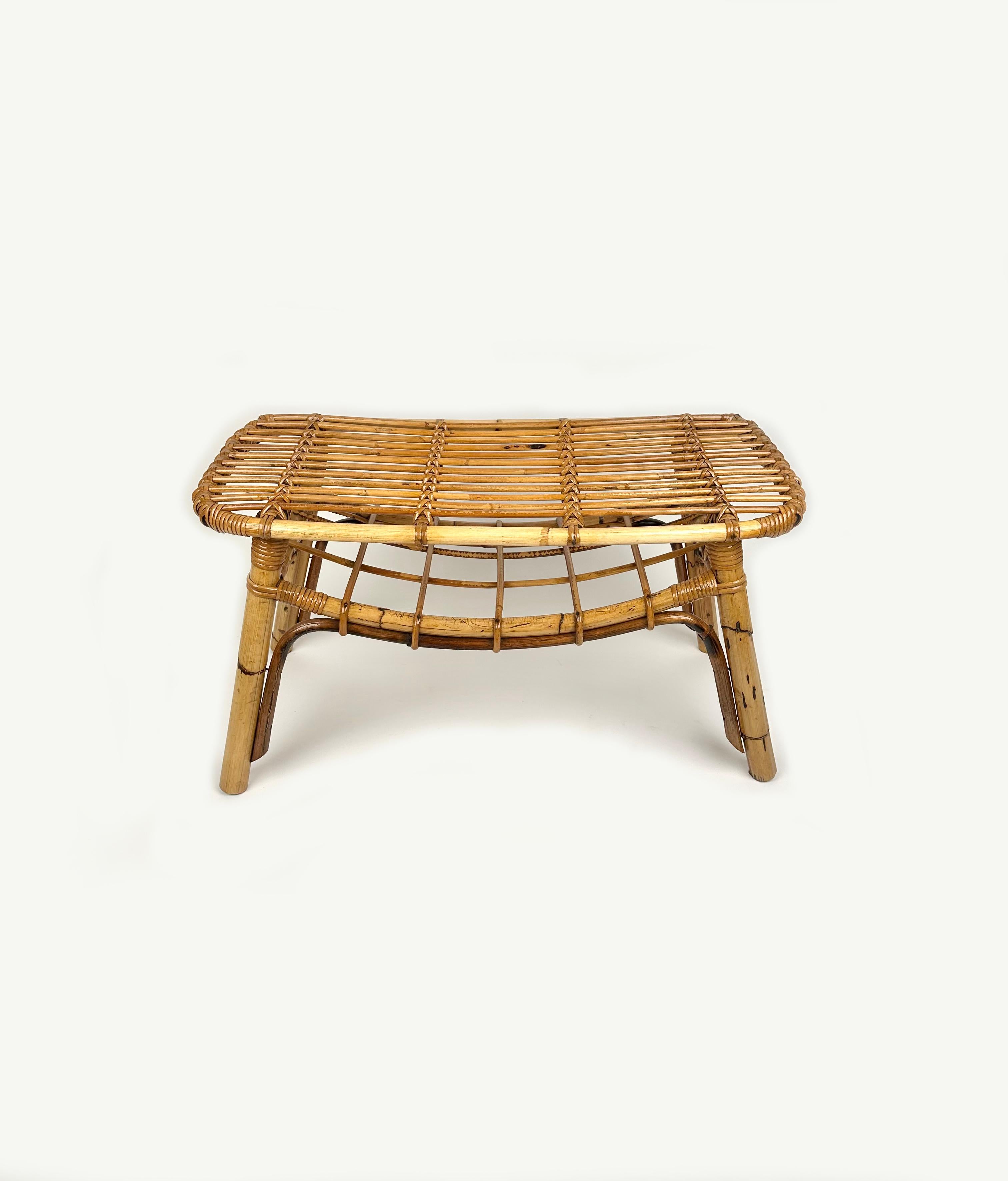 Mid-Century Modern Bamboo & Rattan French Riviera Coffee Table with Magazine Rack, Italy 1960s For Sale