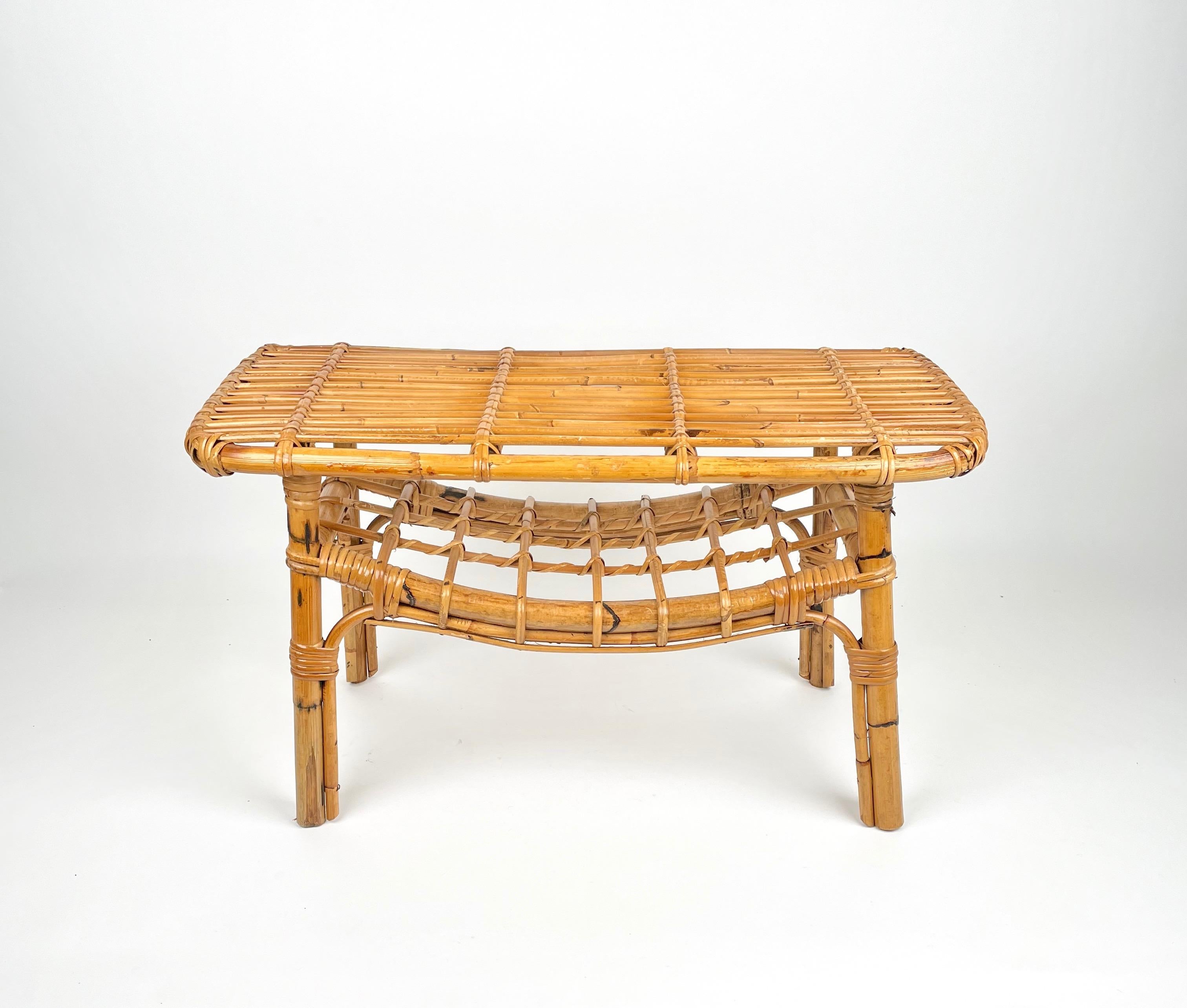 Italian Bamboo & Rattan French Riviera Coffee Table with Magazine Rack, Italy, 1960s For Sale