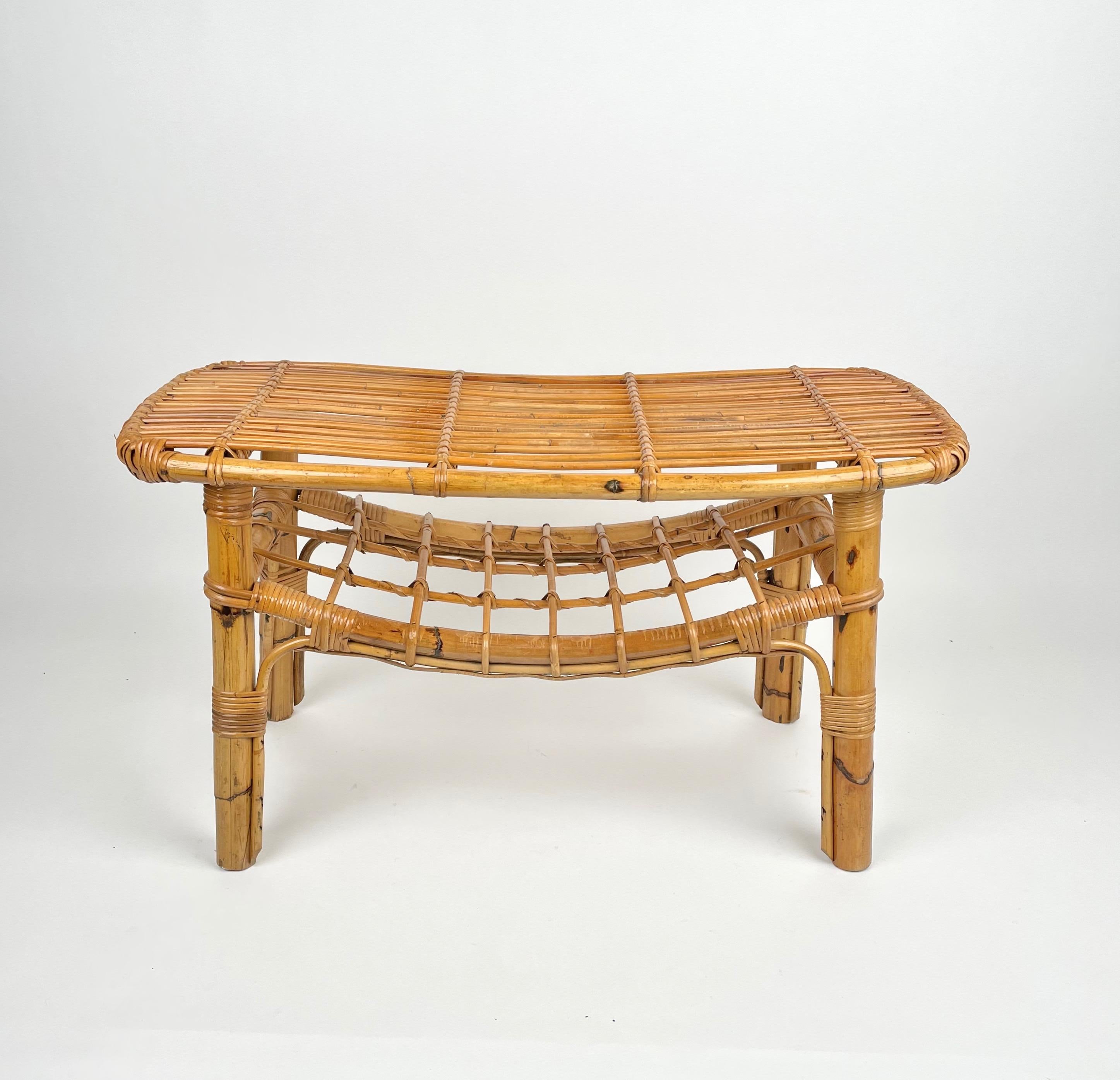 Italian Bamboo &  Rattan French Riviera Coffee Table with Magazine Rack, Italy 1960s