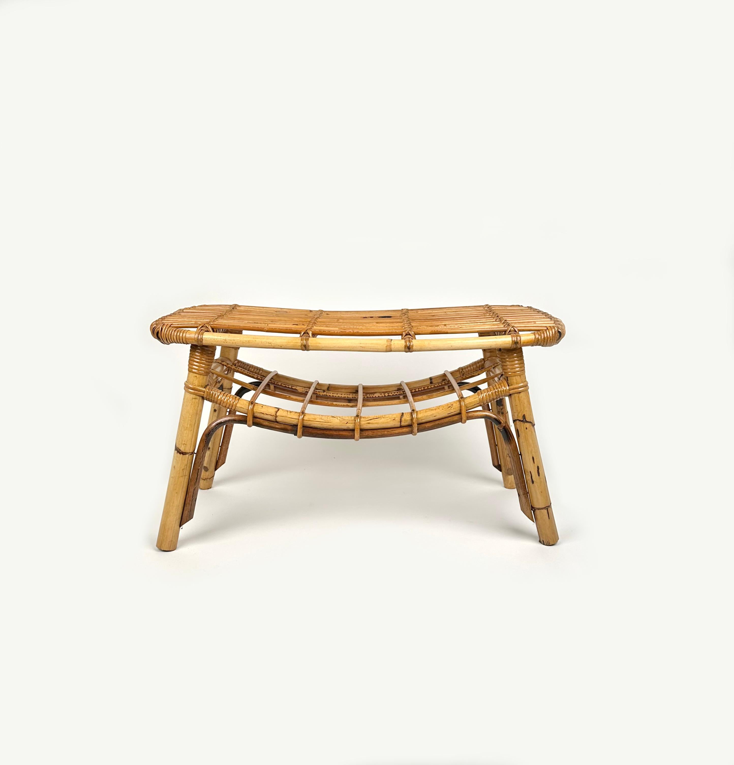 Italian Bamboo & Rattan French Riviera Coffee Table with Magazine Rack, Italy 1960s For Sale