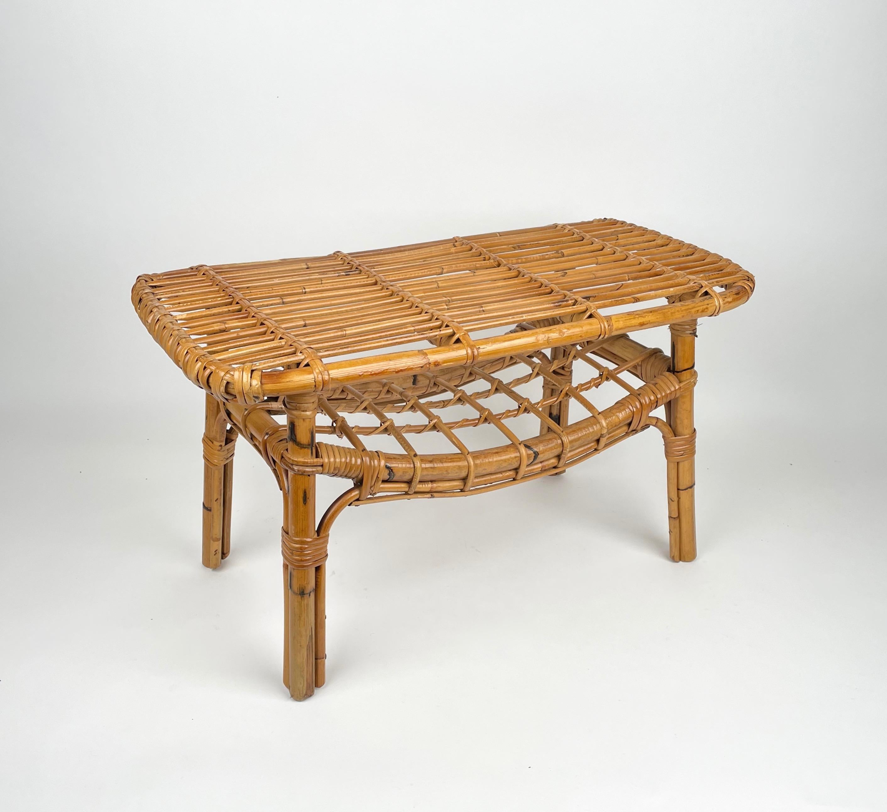 Mid-20th Century Bamboo & Rattan French Riviera Coffee Table with Magazine Rack, Italy, 1960s For Sale