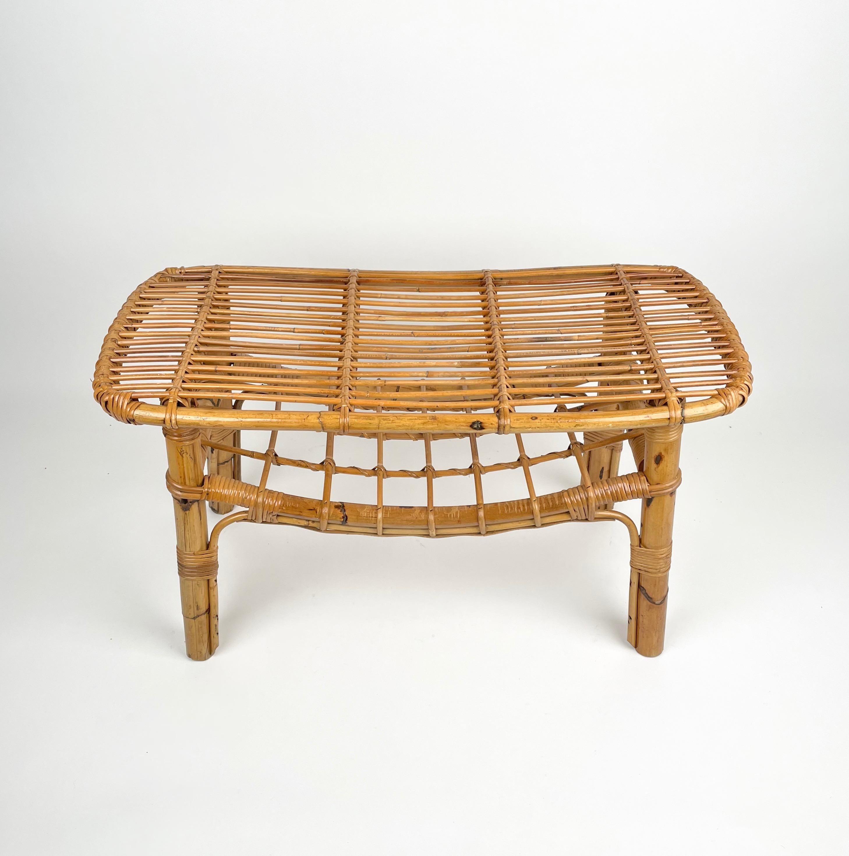 Mid-20th Century Bamboo &  Rattan French Riviera Coffee Table with Magazine Rack, Italy 1960s