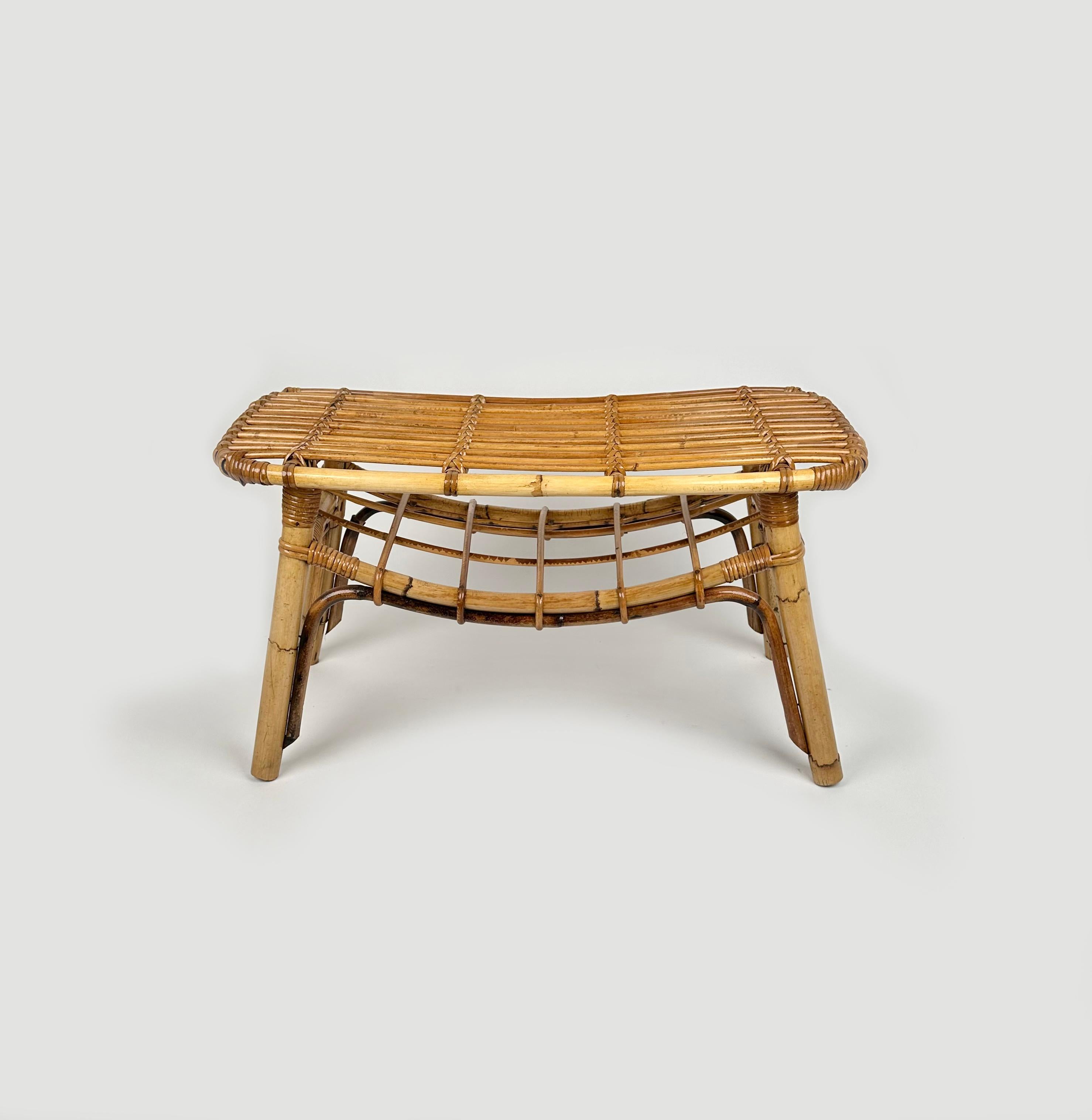 Mid-20th Century Bamboo & Rattan French Riviera Coffee Table with Magazine Rack, Italy 1960s For Sale