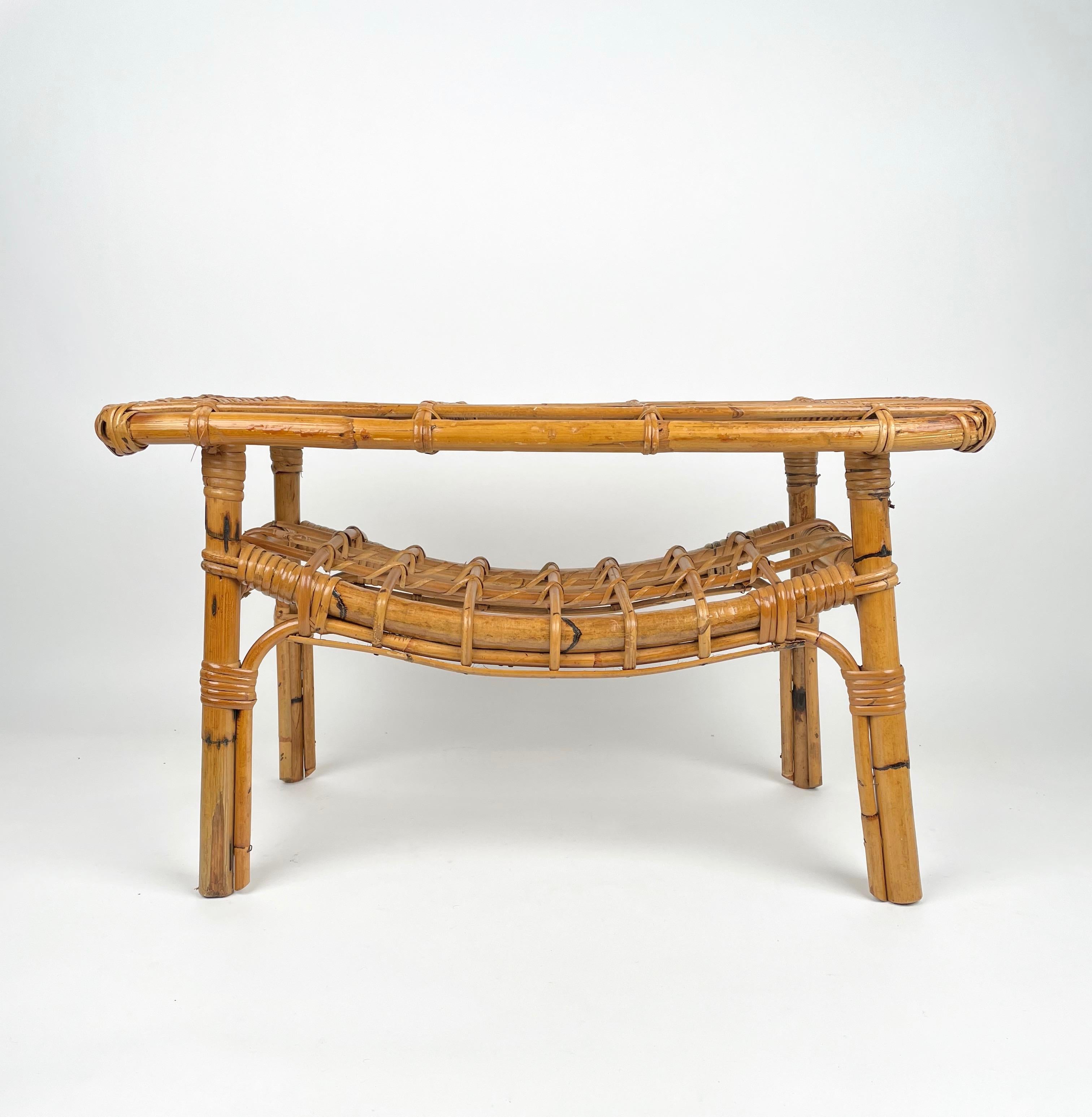 Bamboo & Rattan French Riviera Coffee Table with Magazine Rack, Italy, 1960s For Sale 1