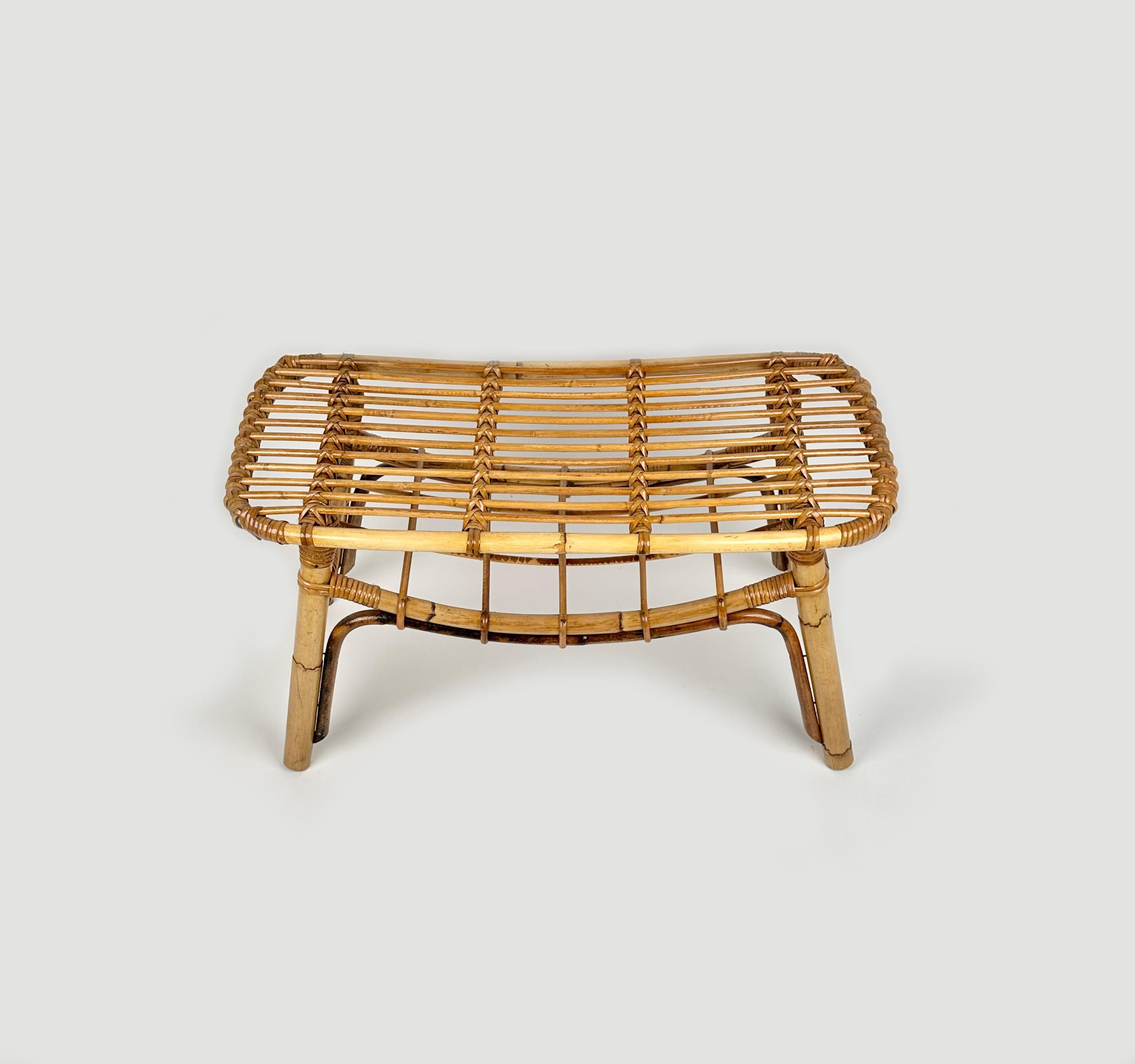 Bamboo & Rattan French Riviera Coffee Table with Magazine Rack, Italy 1960s For Sale 1