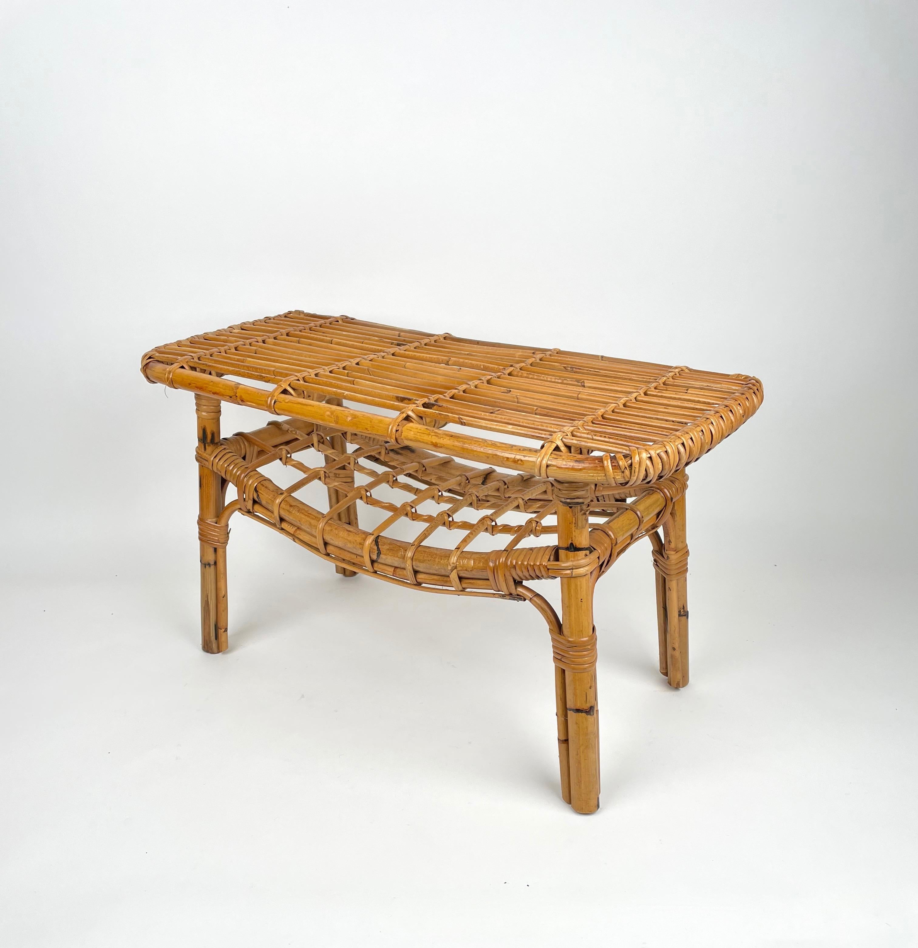 Bamboo & Rattan French Riviera Coffee Table with Magazine Rack, Italy, 1960s For Sale 2