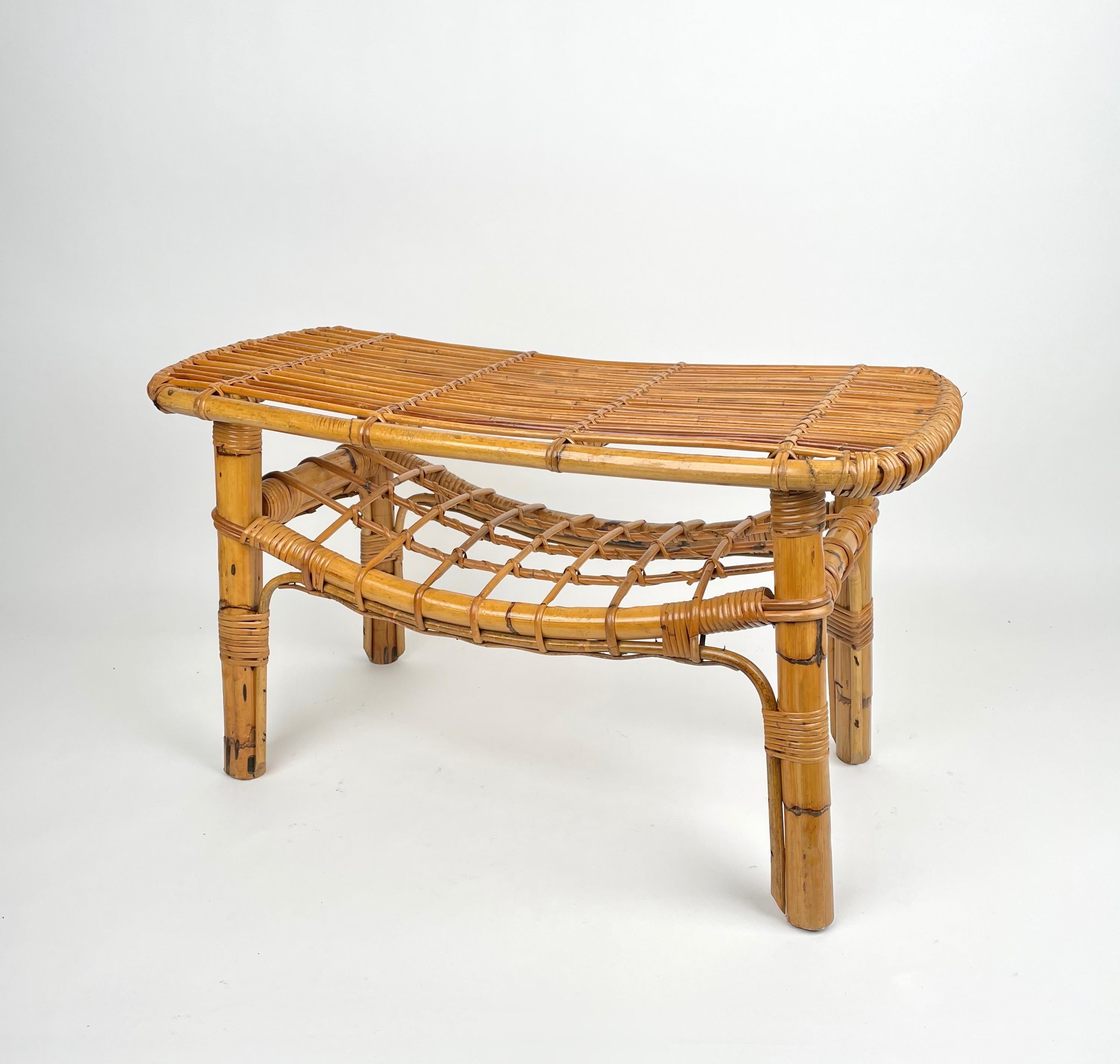 Bamboo &  Rattan French Riviera Coffee Table with Magazine Rack, Italy 1960s 2