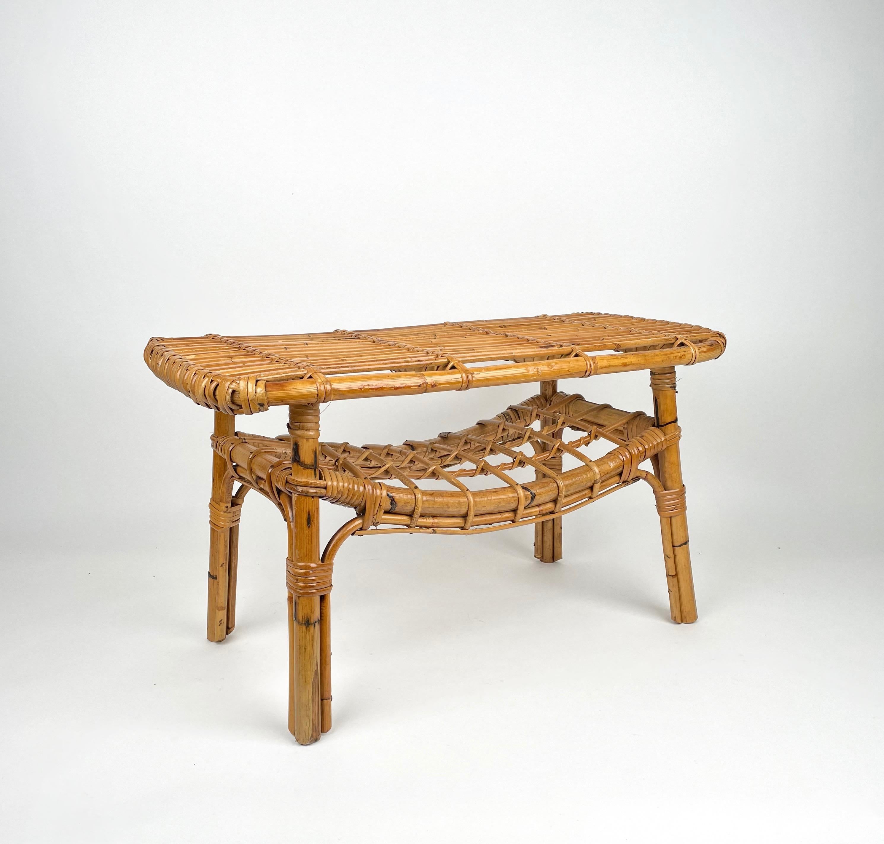 Bamboo & Rattan French Riviera Coffee Table with Magazine Rack, Italy, 1960s For Sale 3