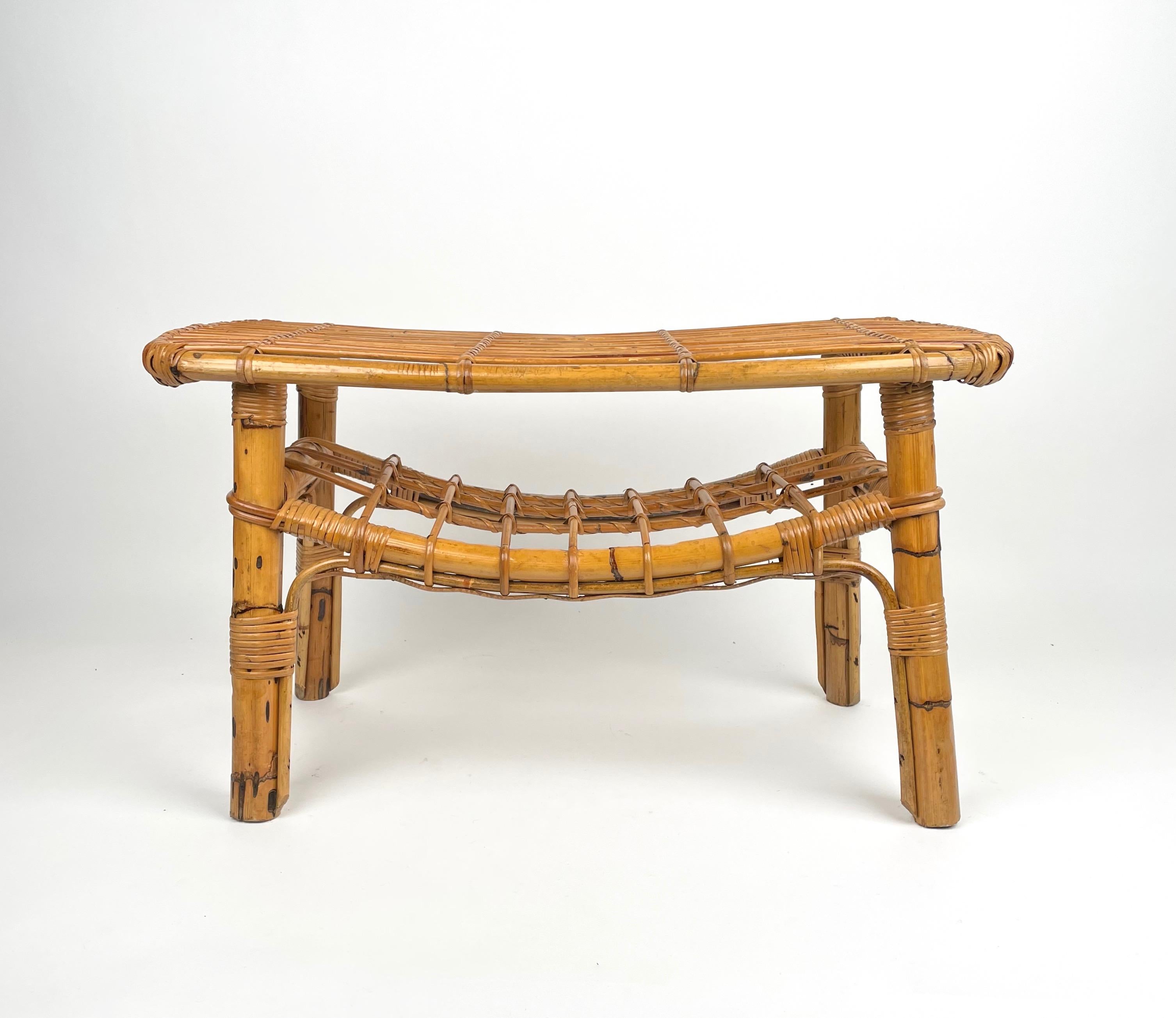 Bamboo &  Rattan French Riviera Coffee Table with Magazine Rack, Italy 1960s 3