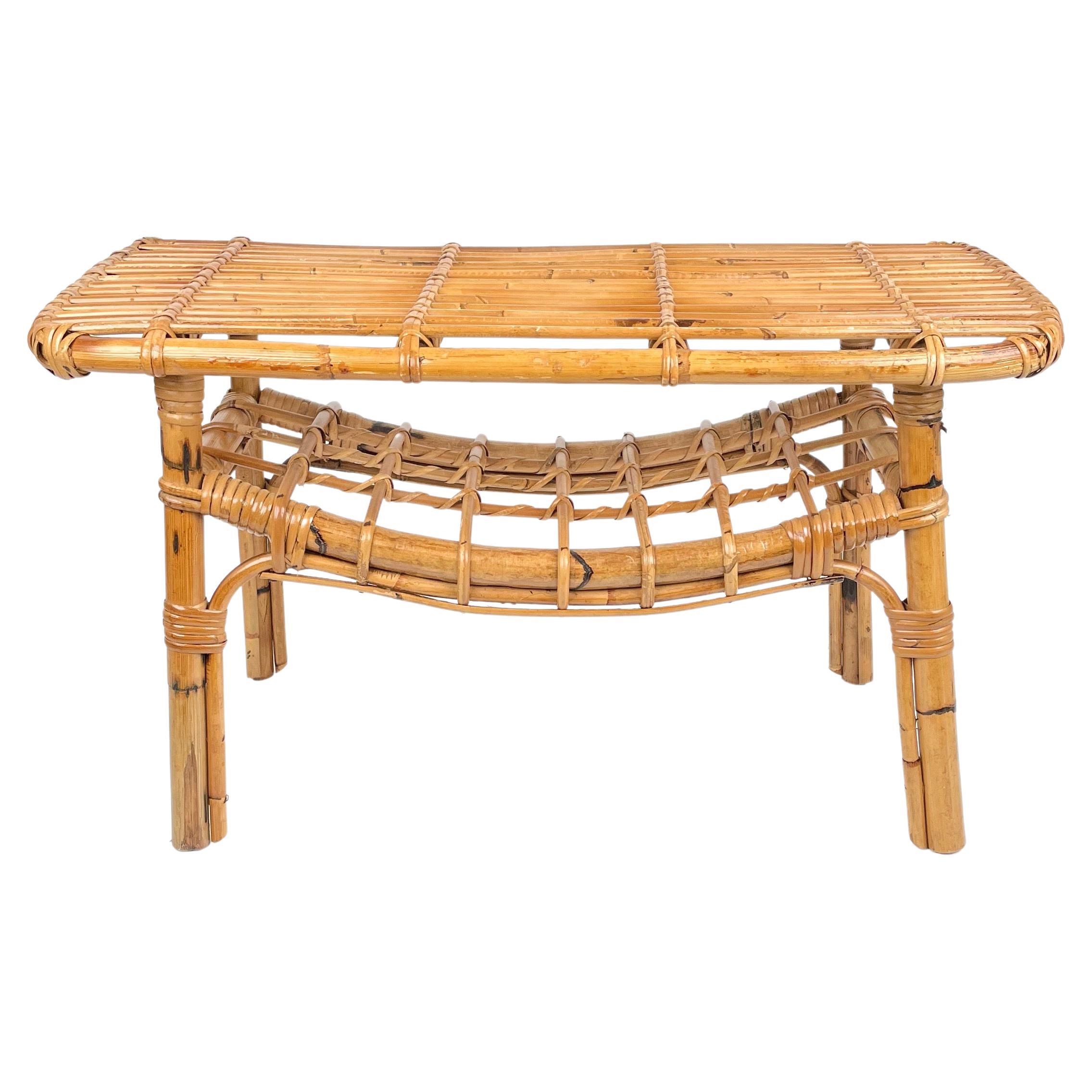 Bamboo & Rattan French Riviera Coffee Table with Magazine Rack, Italy, 1960s