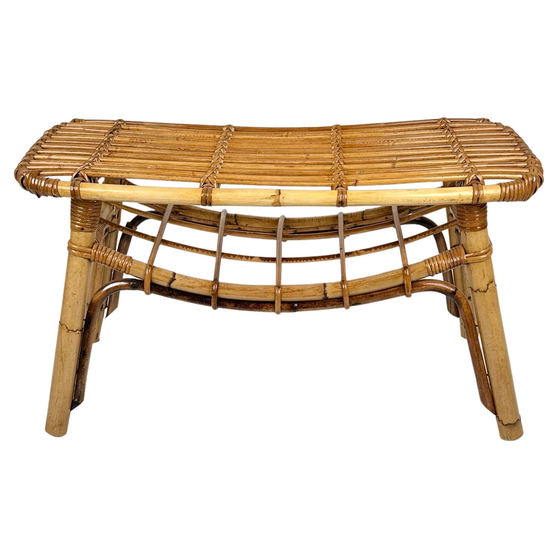 Bamboo & Rattan French Riviera Coffee Table with Magazine Rack, Italy 1960s For Sale
