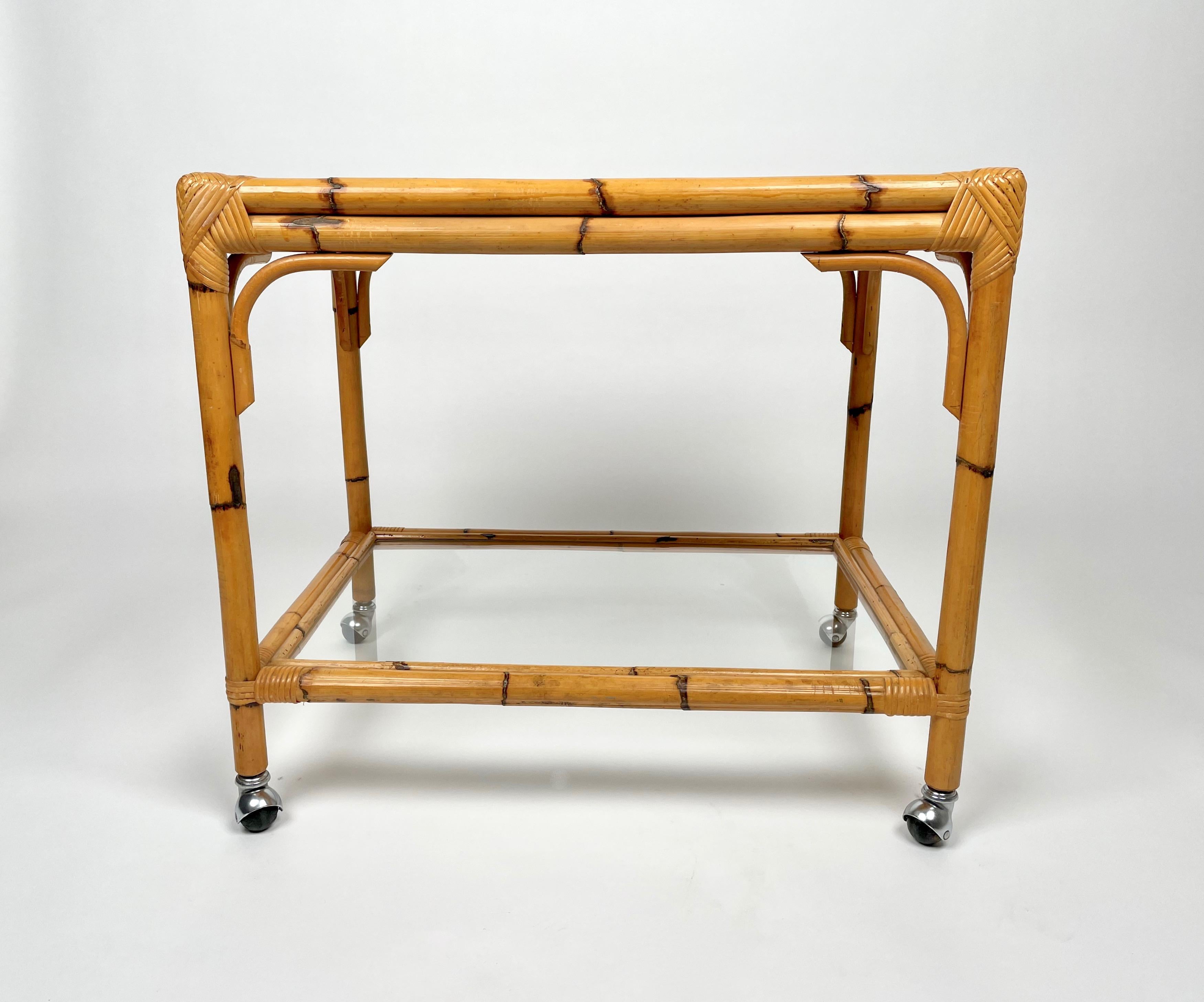 Bamboo, Rattan & Glass Serving Cart Bar Trolley, Italy, 1960s For Sale 2