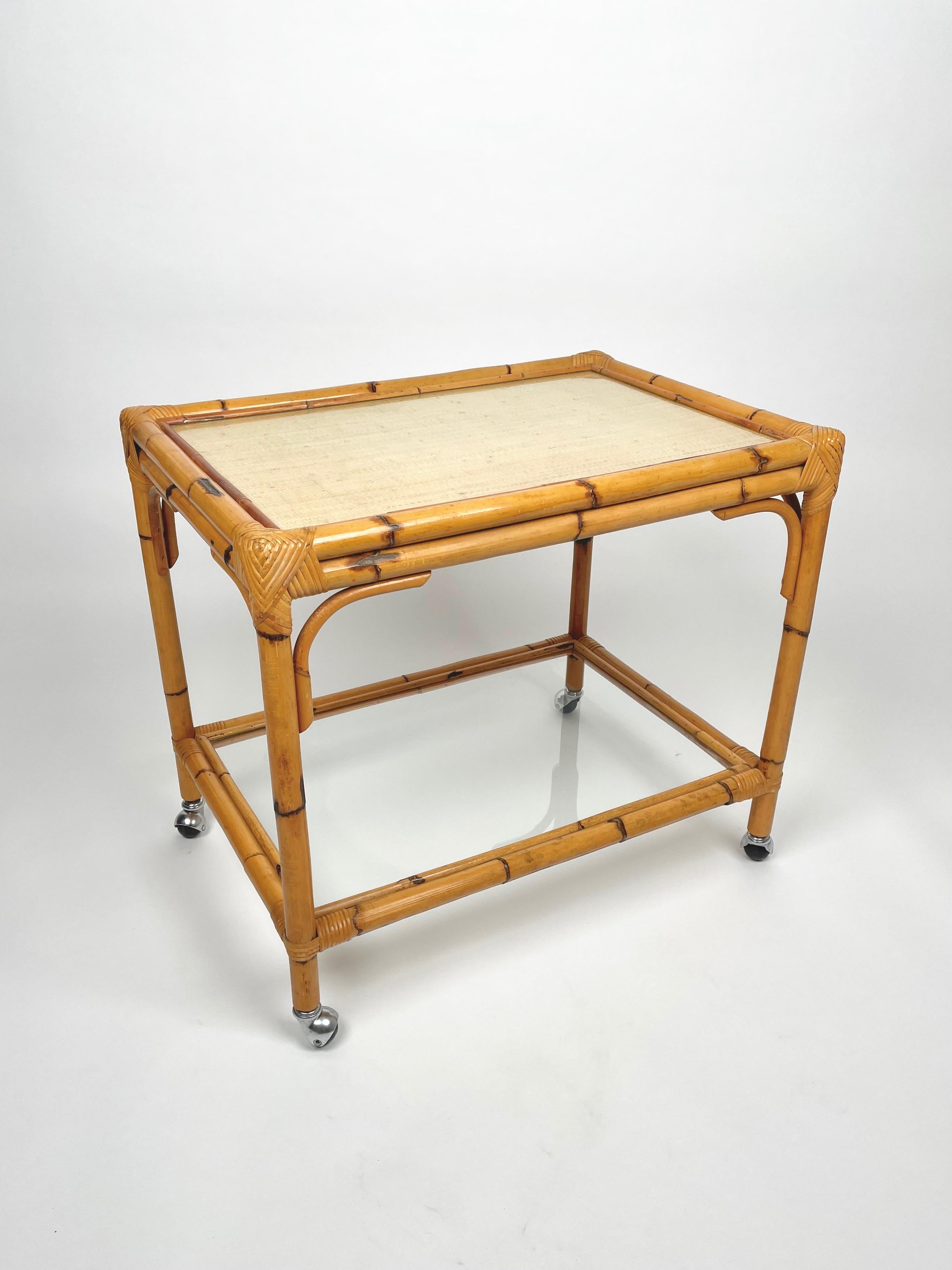 Mid-Century Modern Bamboo, Rattan & Glass Serving Cart Bar Trolley, Italy, 1960s For Sale