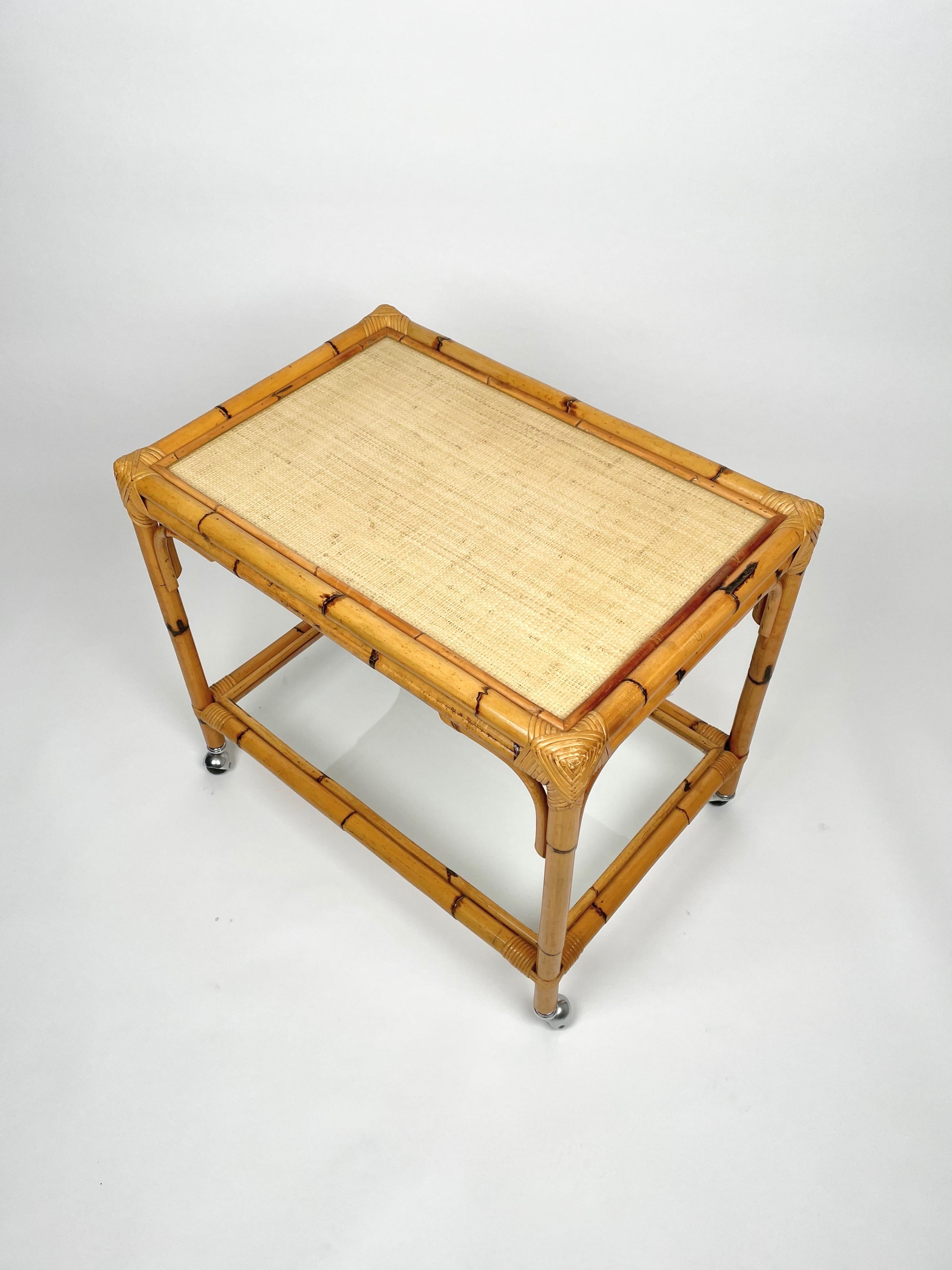 Italian Bamboo, Rattan & Glass Serving Cart Bar Trolley, Italy, 1960s For Sale