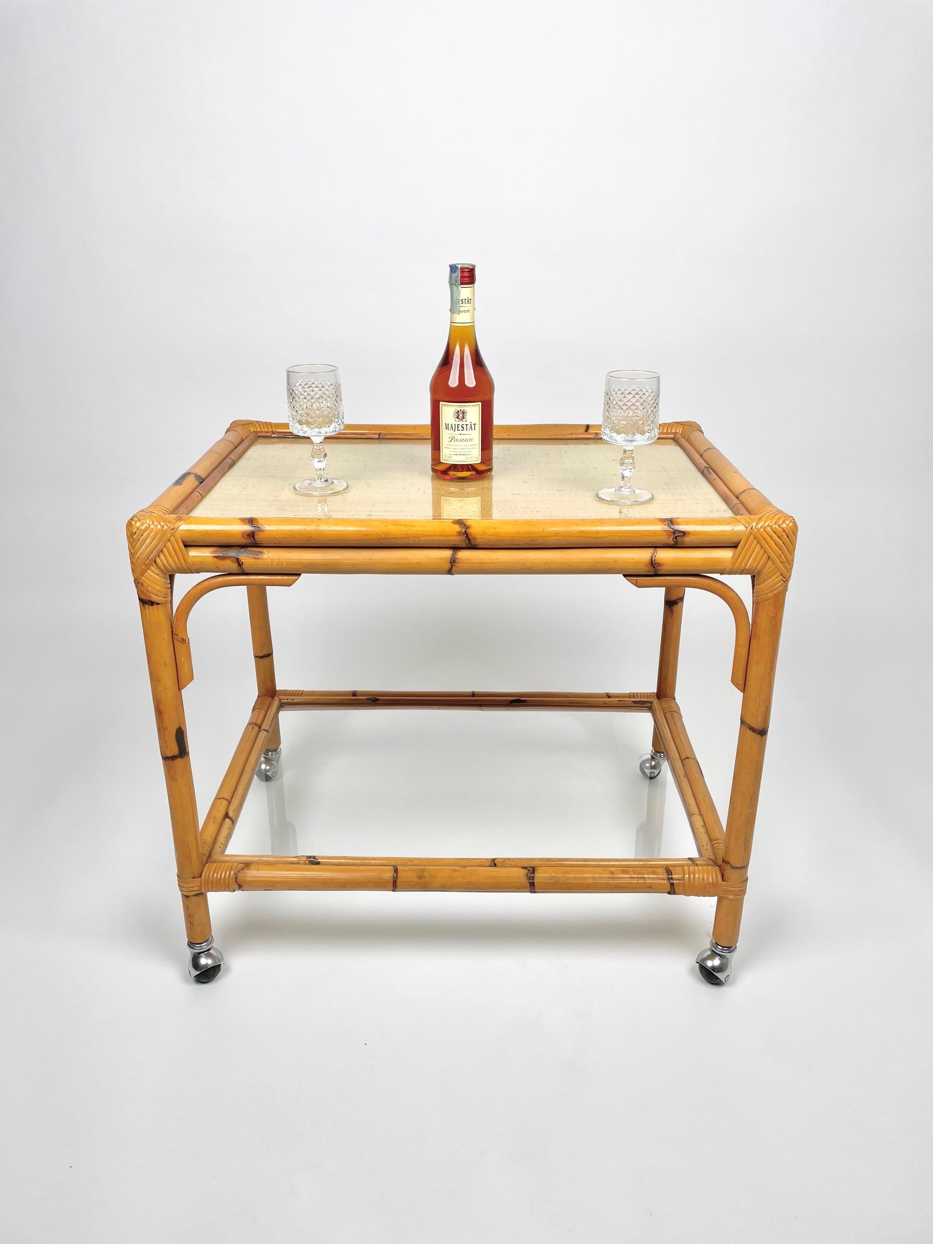 Mid-20th Century Bamboo, Rattan & Glass Serving Cart Bar Trolley, Italy, 1960s For Sale