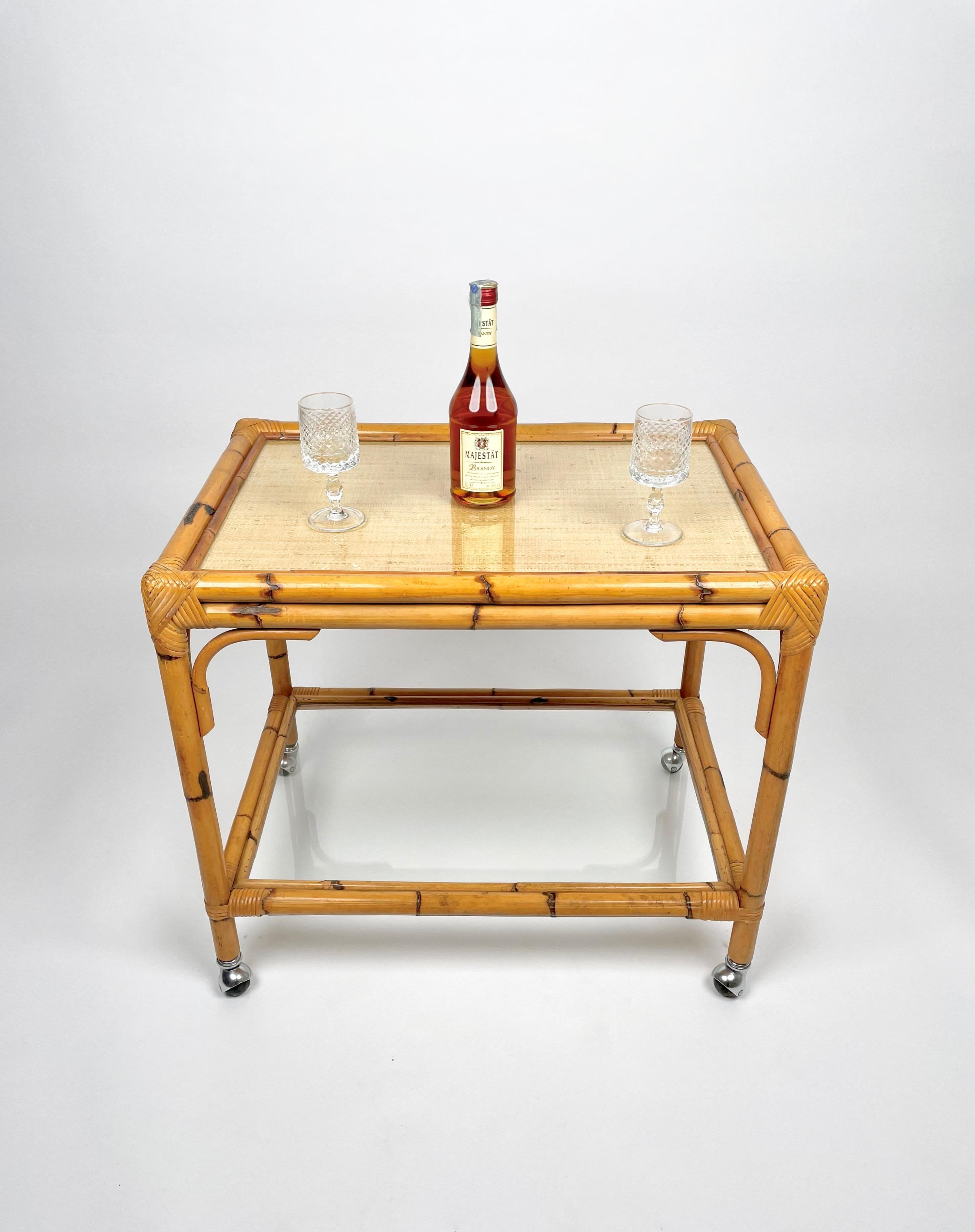 Cane Bamboo, Rattan & Glass Serving Cart Bar Trolley, Italy, 1960s For Sale