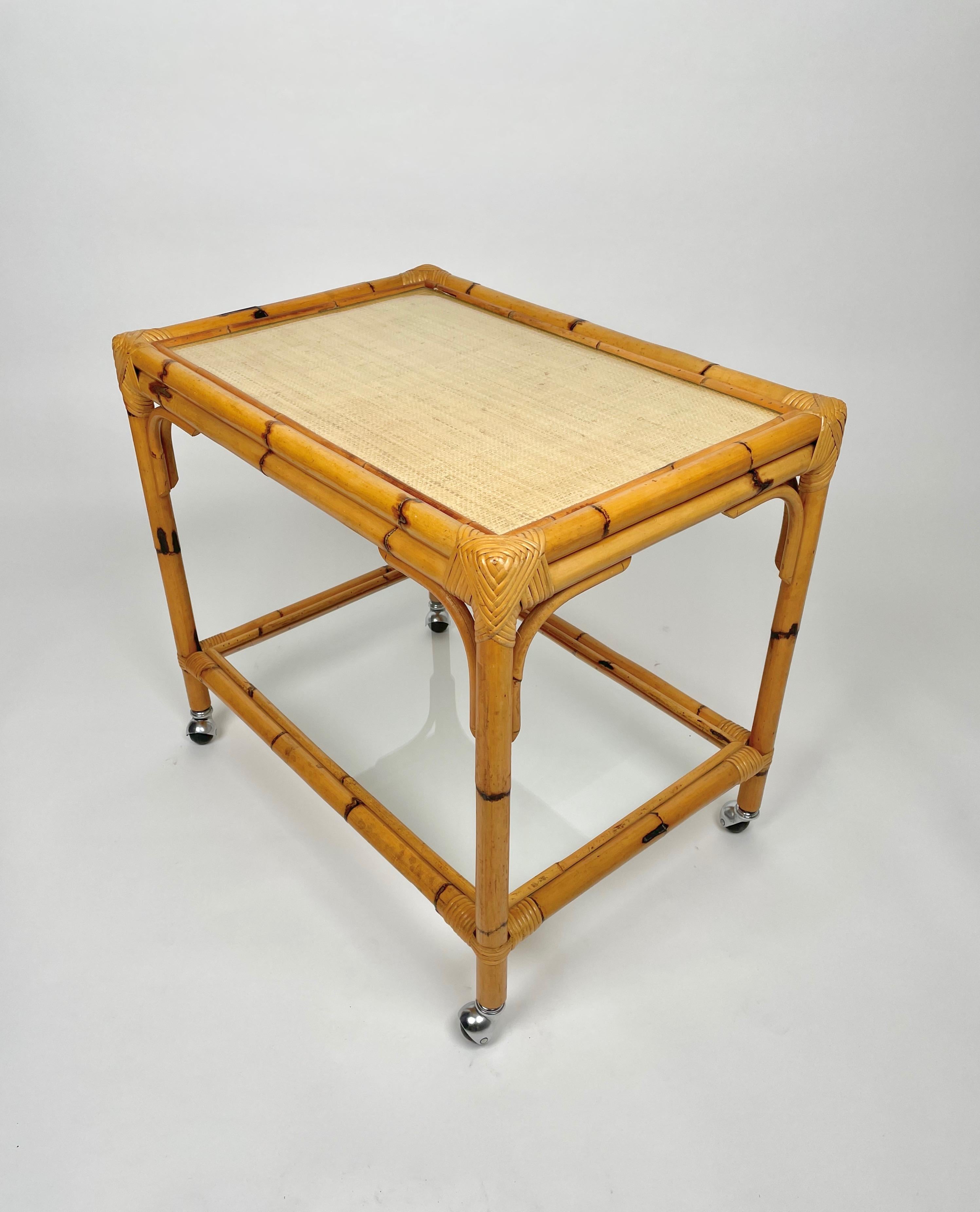 Bamboo, Rattan & Glass Serving Cart Bar Trolley, Italy, 1960s For Sale 1