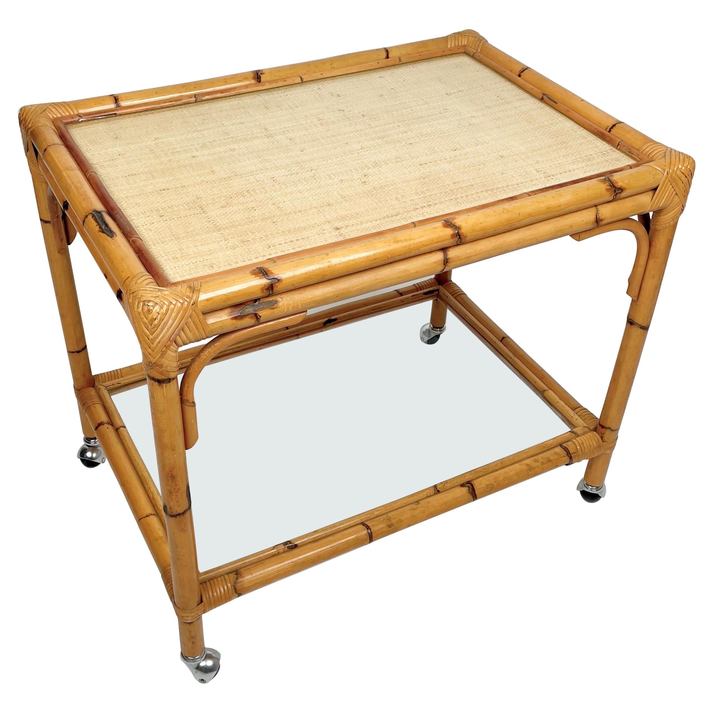 Bamboo, Rattan & Glass Serving Cart Bar Trolley, Italy, 1960s